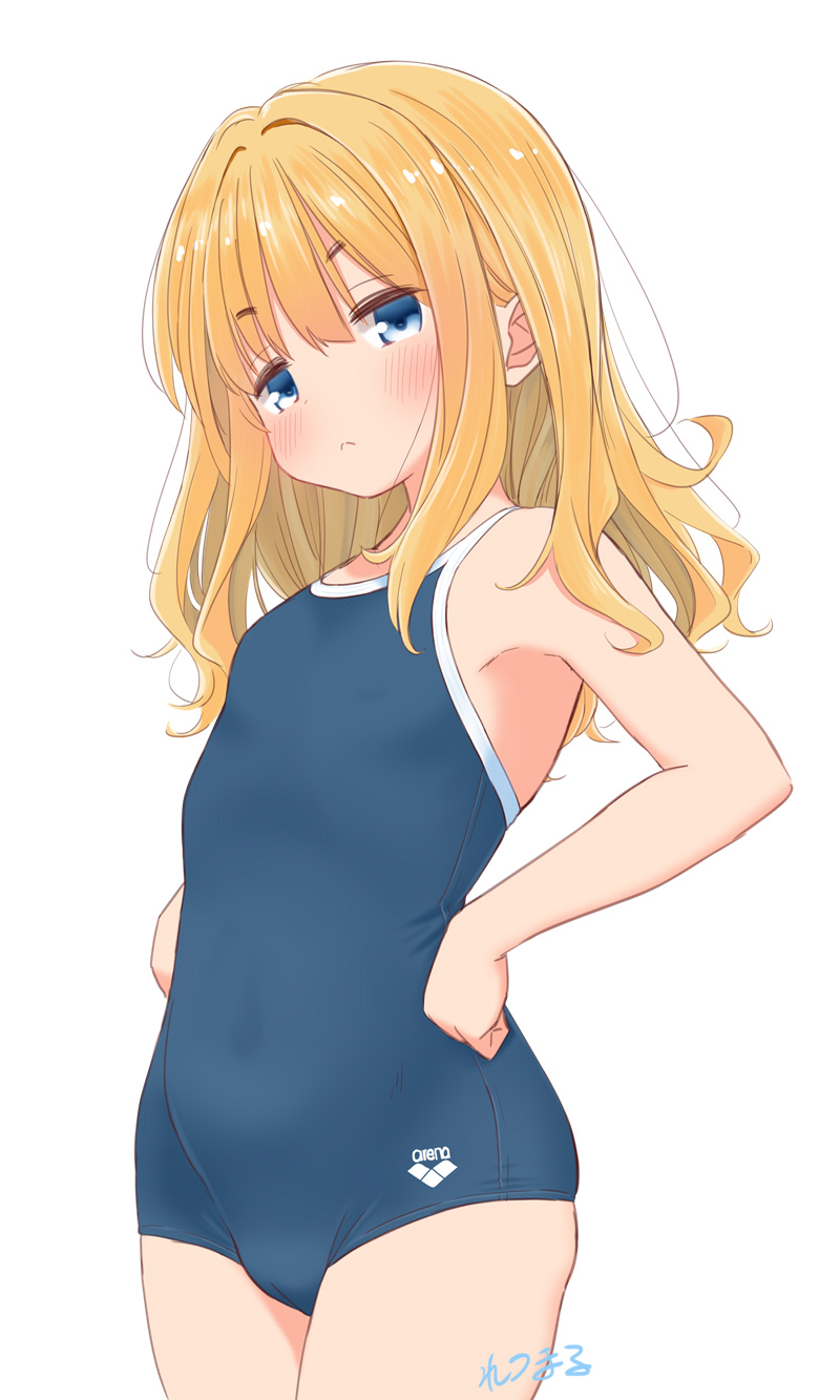 retsumaru, arena (company), original, highres, 1girl, artist name, blonde hair, blue eyes, blush, breasts, cameltoe, competition school swimsuit, covered navel, cowboy shot, dot nose, frown, hands on own hips, long hair, looking at viewer, one-piece swimsuit, school swimsuit, sidelocks, signature, simple background, small breasts, solo, swimsuit, thick eyebrows, white background