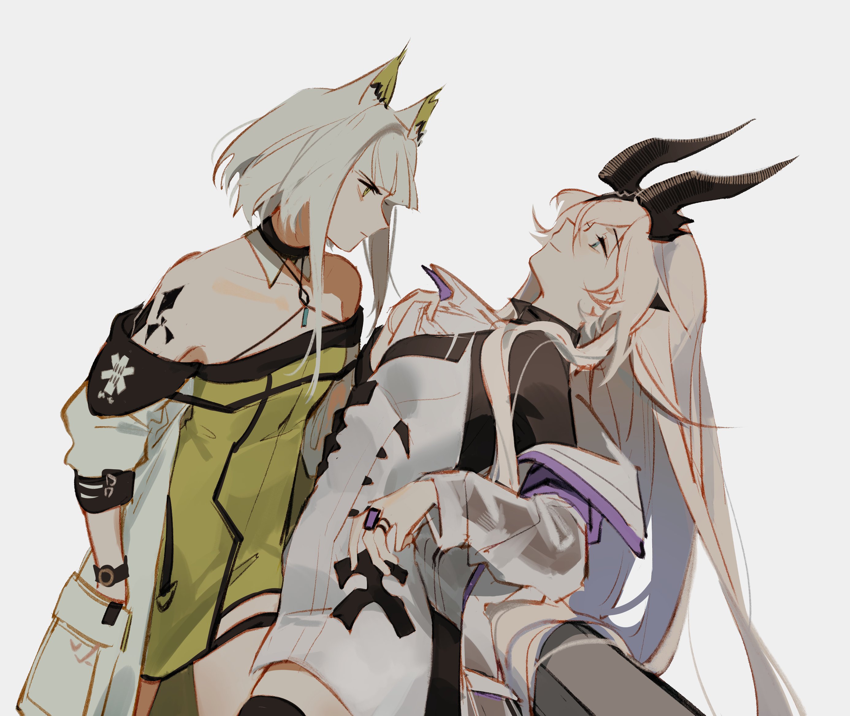 ylceon, kal'tsit (arknights), necrass (arknights), arknights, highres, 2girls, animal ear fluff, animal ears, black choker, black thighhighs, blonde hair, breasts, cat ears, choker, closed mouth, clothes grab, coat, collar grab, detached collar, dragon horns, dress, from side, green dress, green eyes, hand in pocket, horns, jewelry, leaning back, long hair, long sleeves, looking at another, material growth, medium breasts, medium hair, multiple girls, necklace, neckwear grab, off shoulder, oripathy lesion (arknights), ring, simple background, small breasts, smile, star of life, thighhighs, very long hair, watch, white background, white coat, white dress, white hair, wristwatch, zettai ryouiki