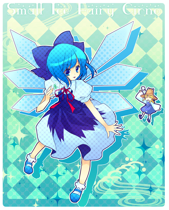 shinia, cirno, moriya suwako, touhou, 2girls, blonde hair, blue hair, female focus, hat, multiple girls, ribbon, short hair, socks, wings