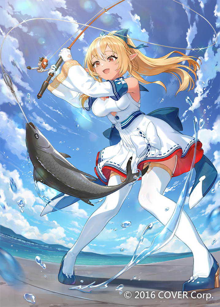 umieekaki, shiranui flare, shiranui flare (1st costume), hololive, commentary request, official art, 1girl, :d, back bow, blonde hair, blue bow, blue shoes, blue sky, bow, bow skirt, bowtie, breasts, clothing cutout, cloud, copyright notice, cutout above navel, dark-skinned female, dark skin, day, detached sleeves, elf, fish, fishing, fishing rod, full body, gloves, hair bow, half gloves, halter shirt, halterneck, high ponytail, holding, holding fishing rod, large bow, large breasts, long hair, miniskirt, multicolored hair, ocean, open mouth, orange eyes, outdoors, pleated skirt, pointy ears, ponytail, red bow, red bowtie, shirt, shoes, sidelocks, skirt, skirt set, sky, smile, solo, streaked hair, thighhighs, virtual youtuber, water, white bow, white gloves, white hair, white shirt, white skirt, white sleeves, white streaks, white thighhighs, wide sleeves