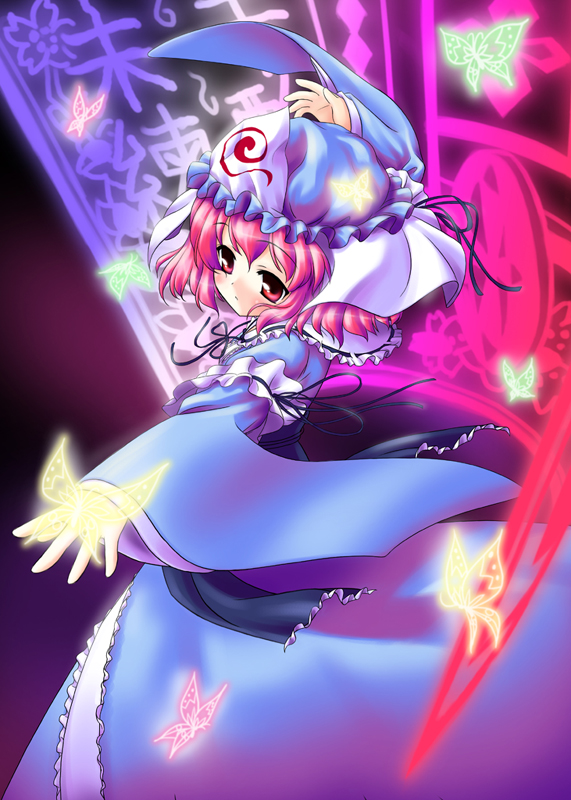 hoshie, saigyouji yuyuko, touhou, 1girl, bug, butterfly, dress, female focus, gradient background, hat, insect, japanese clothes, kimono, pink hair, ribbon, short hair, solo