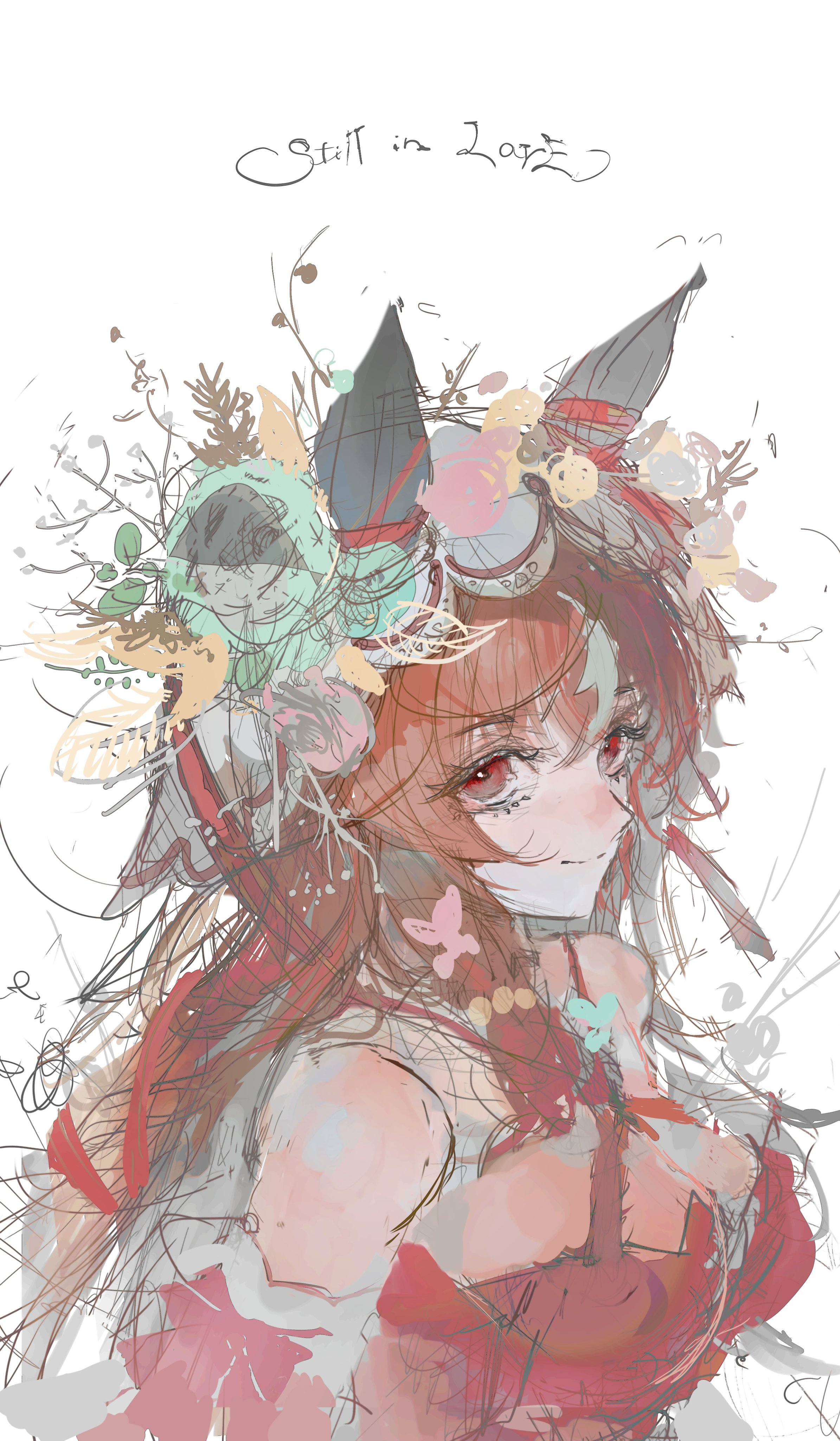 pokepoke (usdg7842), still in love (scarlet vow raiment) (umamusume), still in love (umamusume), umamusume, absurdres, highres, brown hair, flower, hair flower, hair ornament, horse girl, long hari, looking at viewer, red eyes, sketch, white background