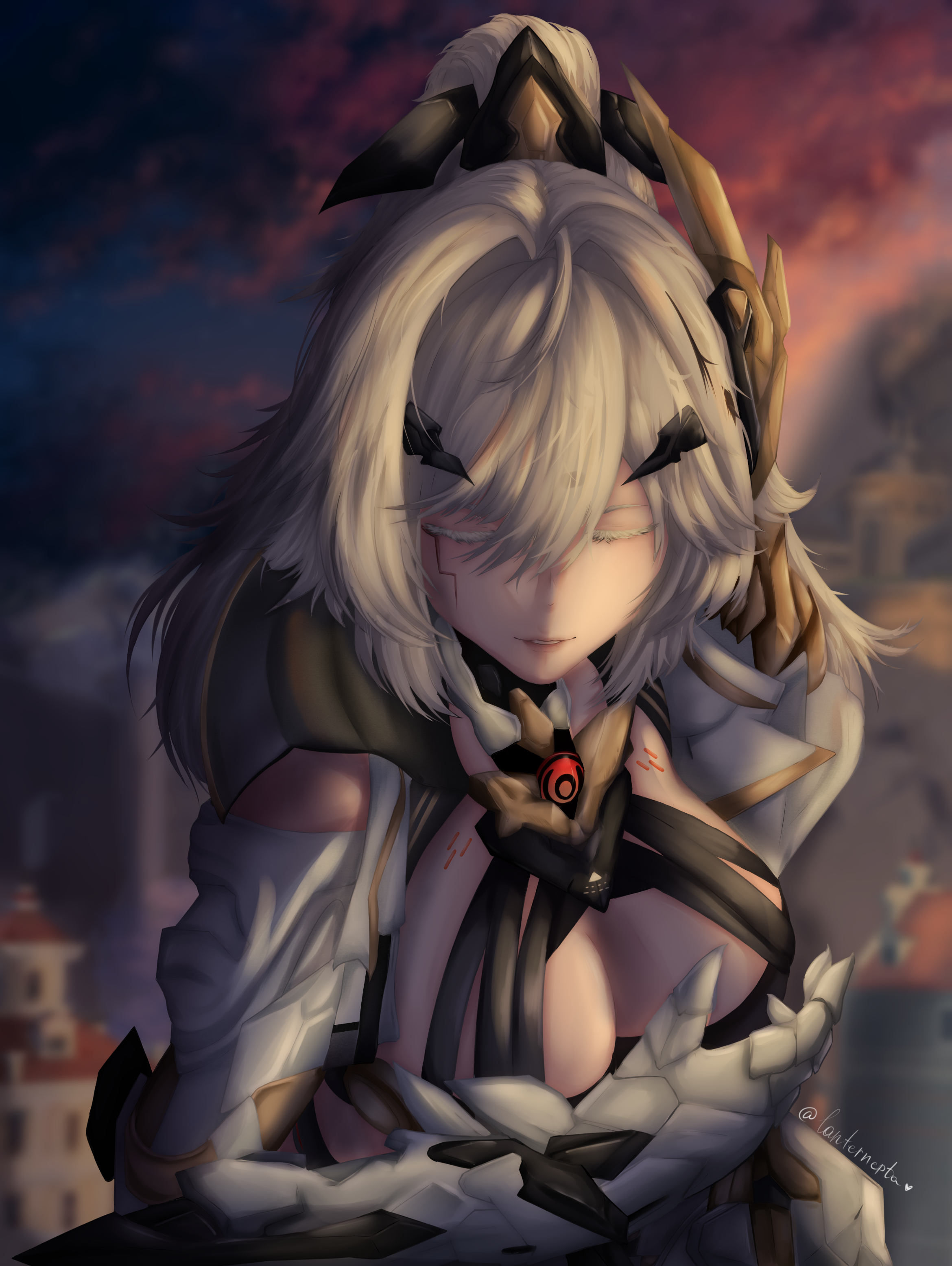 erdos helia, erdos helia (planar armament: warped spacetime), absurdres, highres, non-web source, 1girl, breasts, cleavage, hair ornament, long hair, medium breasts, simple background, smile, solo