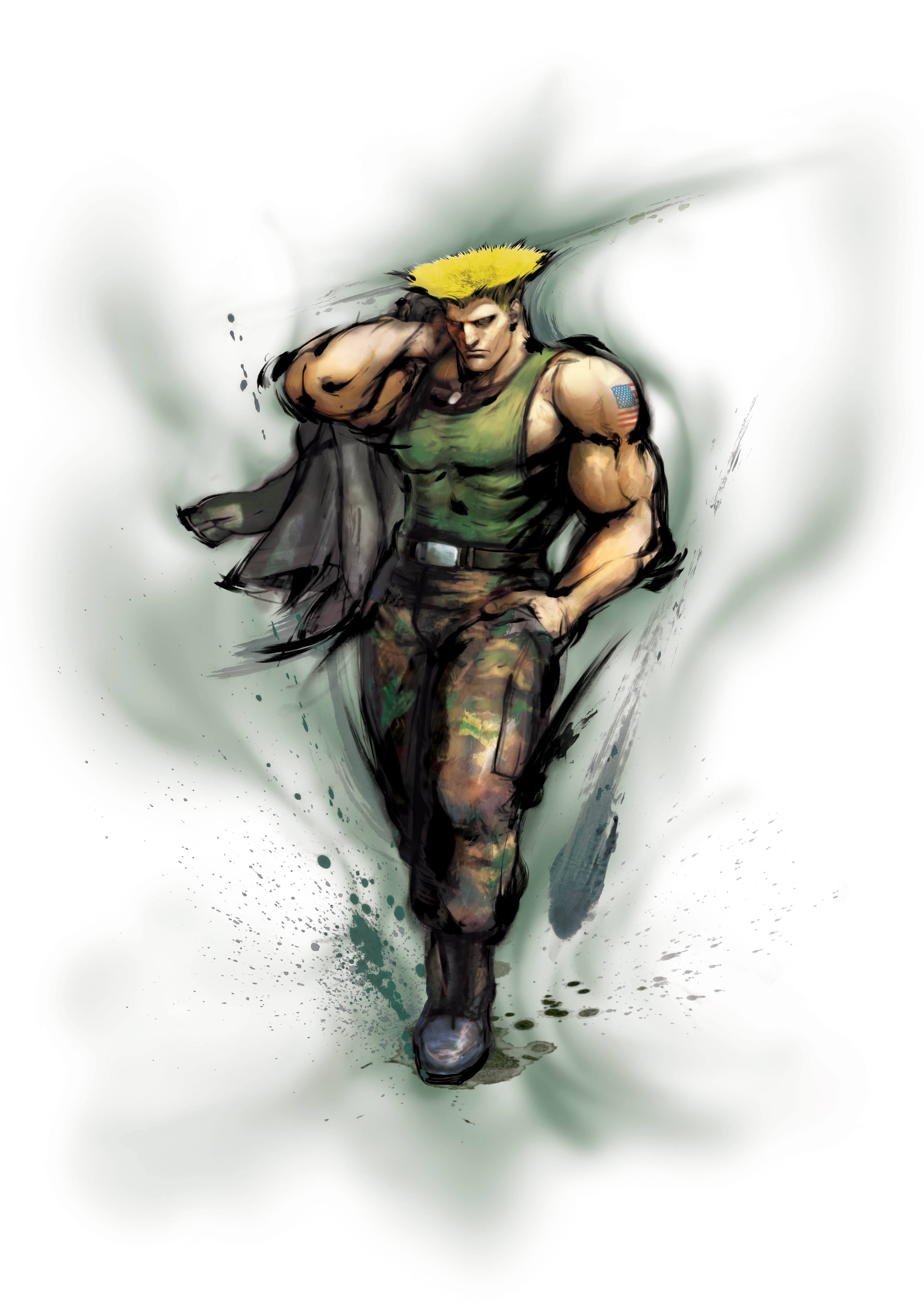 ikeno daigo, guile, capcom, street fighter, street fighter iv (series), absurdres, highres, official art, 1boy, american flag, american flag tattoo, flag, flattop, male focus, manly, solo, tattoo