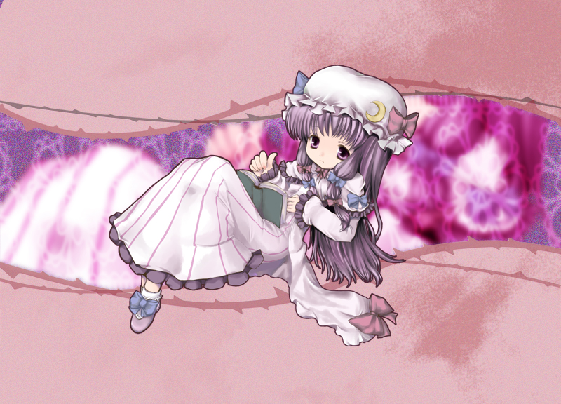 nanatsuki itsuka, patchouli knowledge, touhou, 1girl, book, female focus, full body, hat, long hair, lying, purple hair, ribbon, solo