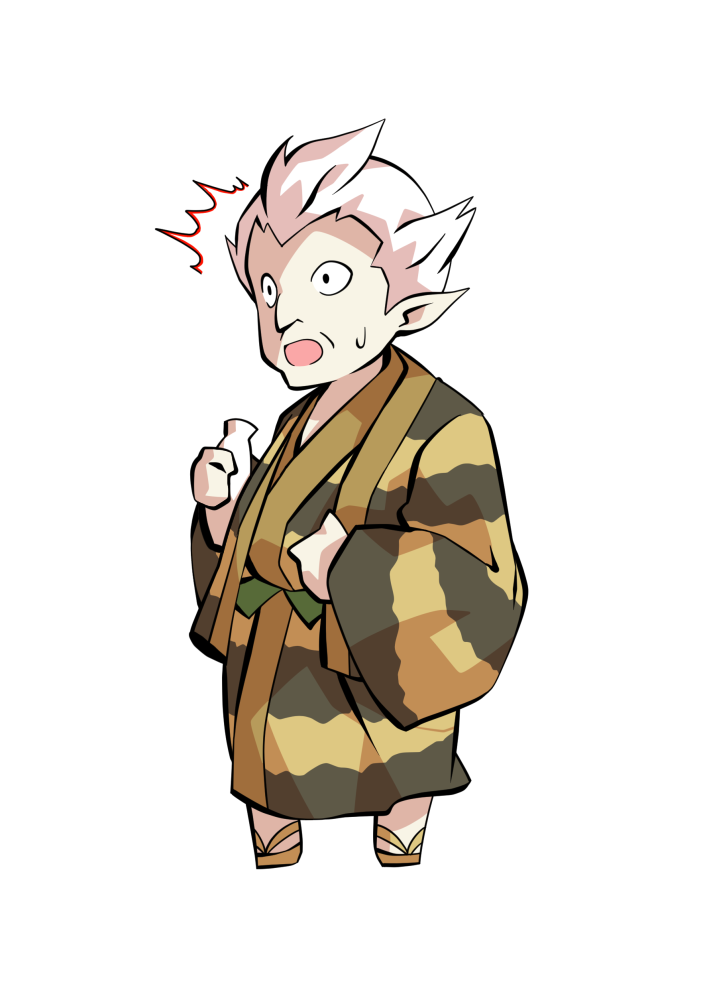 dairi, touhou, commentary request, large variant set, variant set, 1boy, alphes (style), black eyes, bottle, full body, hand on own stomach, holding, holding bottle, japanese clothes, kimono, male focus, old, old man, parody, pointy ears, sandals, short hair, solo, standing, striped clothes, striped kimono, style parody, tachi-e, transparent background, uwabami (touhou)