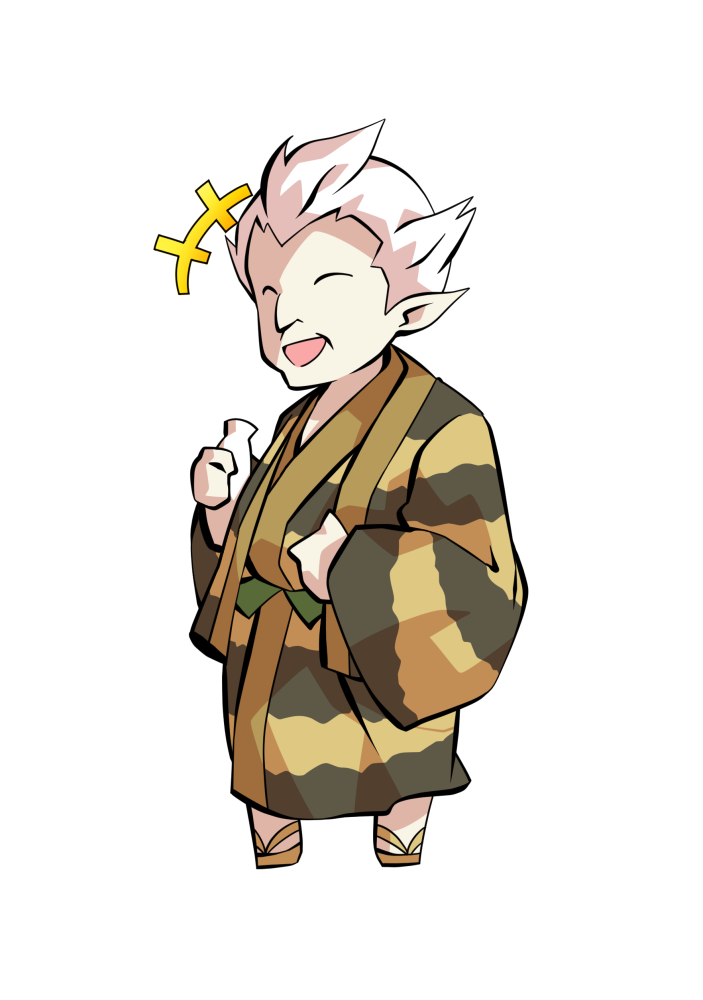 dairi, touhou, commentary request, large variant set, variant set, 1boy, alphes (style), black eyes, bottle, full body, hand on own stomach, holding, holding bottle, japanese clothes, kimono, male focus, old, old man, parody, pointy ears, sandals, short hair, solo, standing, striped clothes, striped kimono, style parody, tachi-e, transparent background, uwabami (touhou)