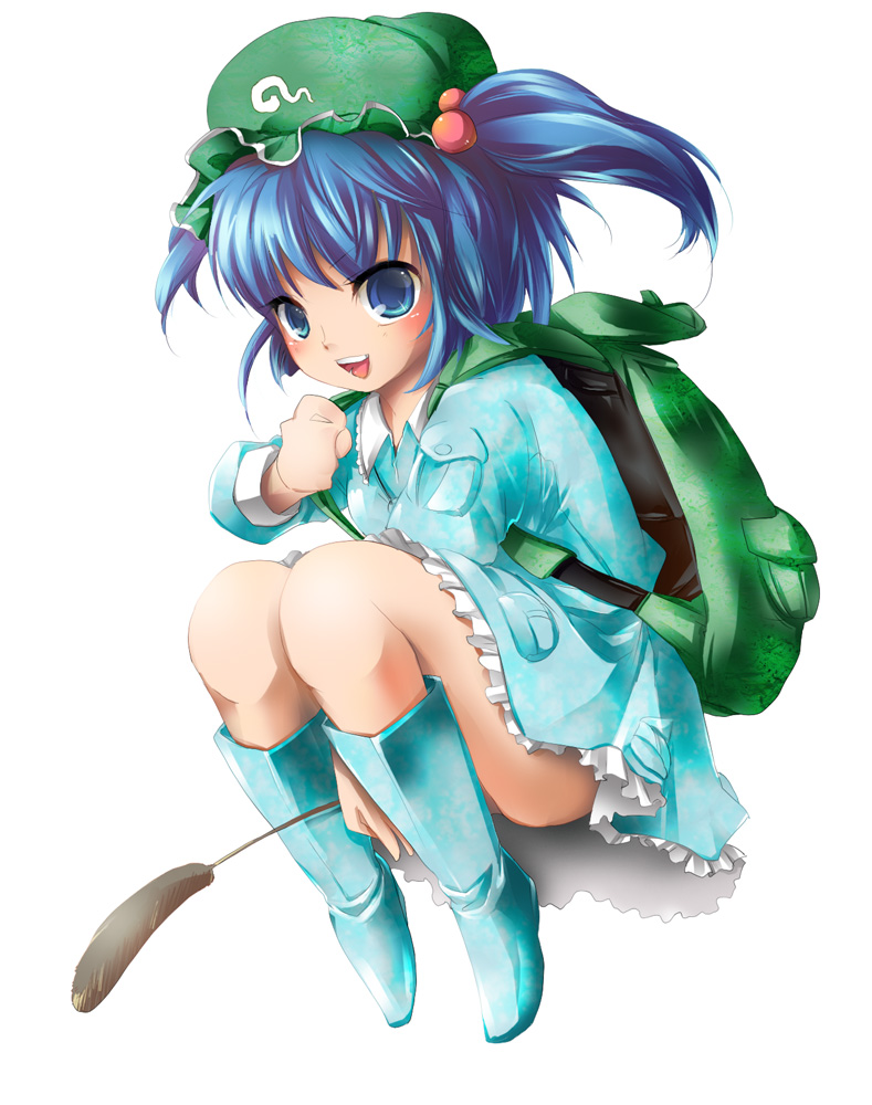 icedango (dpopic3), makishu, kawashiro nitori, touhou, bad id, bad pixiv id, 1girl, bag, blue hair, female focus, hair bobbles, hair ornament, short hair, solo, two side up