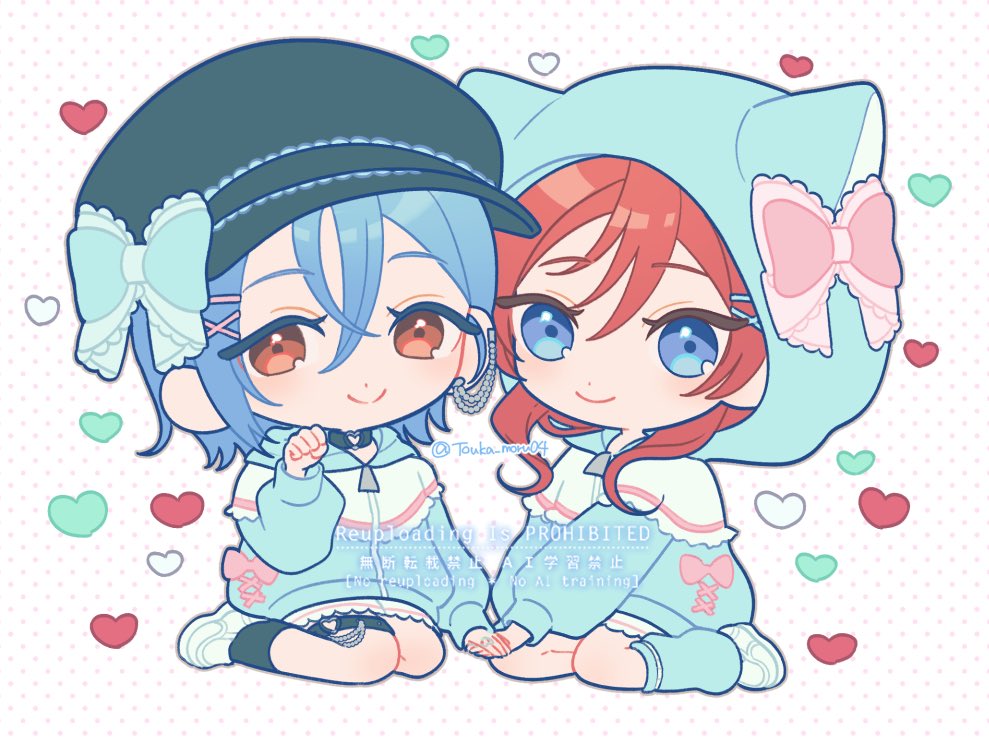 touka moru04, wakana shiki, yoneme mei, love live!, love live! superstar!!, commentary request, 2girls, animal ears, black choker, blue eyes, blue hair, bow, cat ears, chibi, choker, clenched hand, closed mouth, colored eyelashes, crossed bangs, dot nose, fake animal ears, green bow, hair ornament, hairpin, hand up, hat, heart, holding hands, hood, hood up, hooded jacket, jacket, leg warmers, long sleeves, looking at viewer, multiple girls, multiple hairpins, official alternate costume, paw pose, pink bow, red eyes, red hair, sitting, smile, split mouth, twitter username, watermark, zipper pull tab