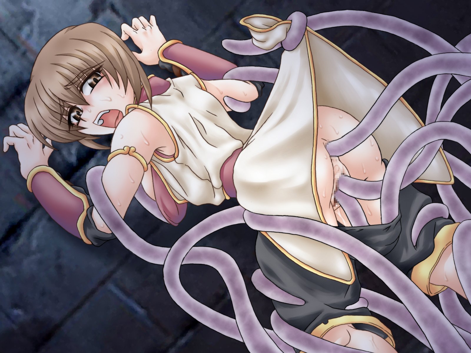 ootsuki wataru, champion (ragnarok online), monk (ragnarok online), ragnarok online, highres, 1girl, against wall, anal, blush, brown hair, censored, clothes lift, clothes pull, double penetration, female focus, lifting another's clothes, monk, panties, pants, pants pull, panty pull, pulling another's clothes, rape, scared, shirt lift, shorts, shorts pull, solo, tentacles, underwear, vaginal