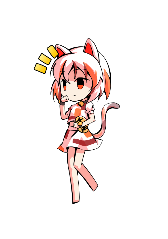 dairi, goutokuji mike, touhou, commentary request, large variant set, variant set, 1girl, animal ears, barefoot, bell, cat ears, cat girl, cat tail, chibi, chibi only, coin, full body, gold, jingle bell, koban (gold), multicolored hair, multicolored shirt, multicolored skirt, neck bell, shirt, short hair, short sleeves, skirt, skirt set, solo, standing, standing on one leg, streaked hair, tachi-e, tail, transparent background, white hair, white shirt