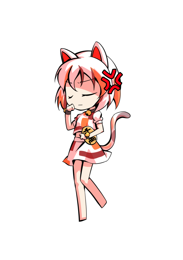 dairi, goutokuji mike, touhou, commentary request, large variant set, variant set, 1girl, animal ears, barefoot, bell, cat ears, cat girl, cat tail, chibi, chibi only, coin, full body, gold, jingle bell, koban (gold), multicolored hair, multicolored shirt, multicolored skirt, neck bell, shirt, short hair, short sleeves, skirt, skirt set, solo, standing, standing on one leg, streaked hair, tachi-e, tail, transparent background, white hair, white shirt