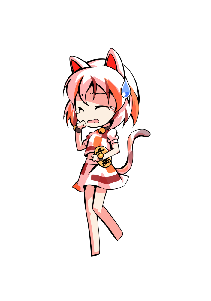dairi, goutokuji mike, touhou, commentary request, large variant set, variant set, 1girl, animal ears, barefoot, bell, cat ears, cat girl, cat tail, chibi, chibi only, coin, full body, gold, jingle bell, koban (gold), multicolored hair, multicolored shirt, multicolored skirt, neck bell, shirt, short hair, short sleeves, skirt, skirt set, solo, standing, standing on one leg, streaked hair, tachi-e, tail, transparent background, white hair, white shirt