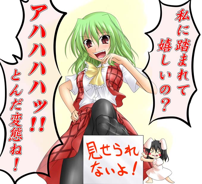 kirisaki byakko, inaba tewi, kazami yuuka, touhou, black legwear, translated, 2girls, ascot, can't show this (meme), censored, female focus, green hair, hand to own mouth, laughing, multiple girls, novelty censor, pantyhose, plaid clothes, plaid skirt, plaid vest, red eyes, short hair, skirt, skirt set, slit pupils, vest