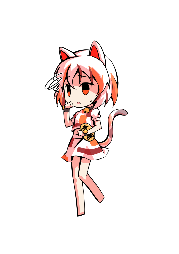 dairi, goutokuji mike, touhou, commentary request, large variant set, variant set, 1girl, animal ears, barefoot, bell, cat ears, cat girl, cat tail, chibi, chibi only, coin, full body, gold, jingle bell, koban (gold), multicolored hair, multicolored shirt, multicolored skirt, neck bell, shirt, short hair, short sleeves, skirt, skirt set, solo, standing, standing on one leg, streaked hair, tachi-e, tail, transparent background, white hair, white shirt