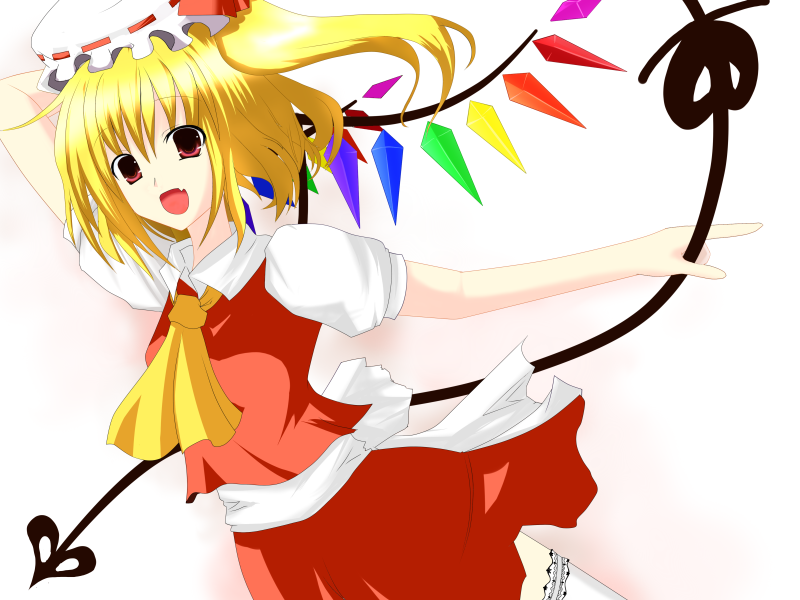 akariya tei, akariyatei, flandre scarlet, touhou, 1girl, blonde hair, blouse, collared shirt, female focus, gradient background, hair between eyes, hat, mob cap, ribbon, shirt, short hair, solo, thighhighs, white background, white hat, white shirt, white thighhighs, wings