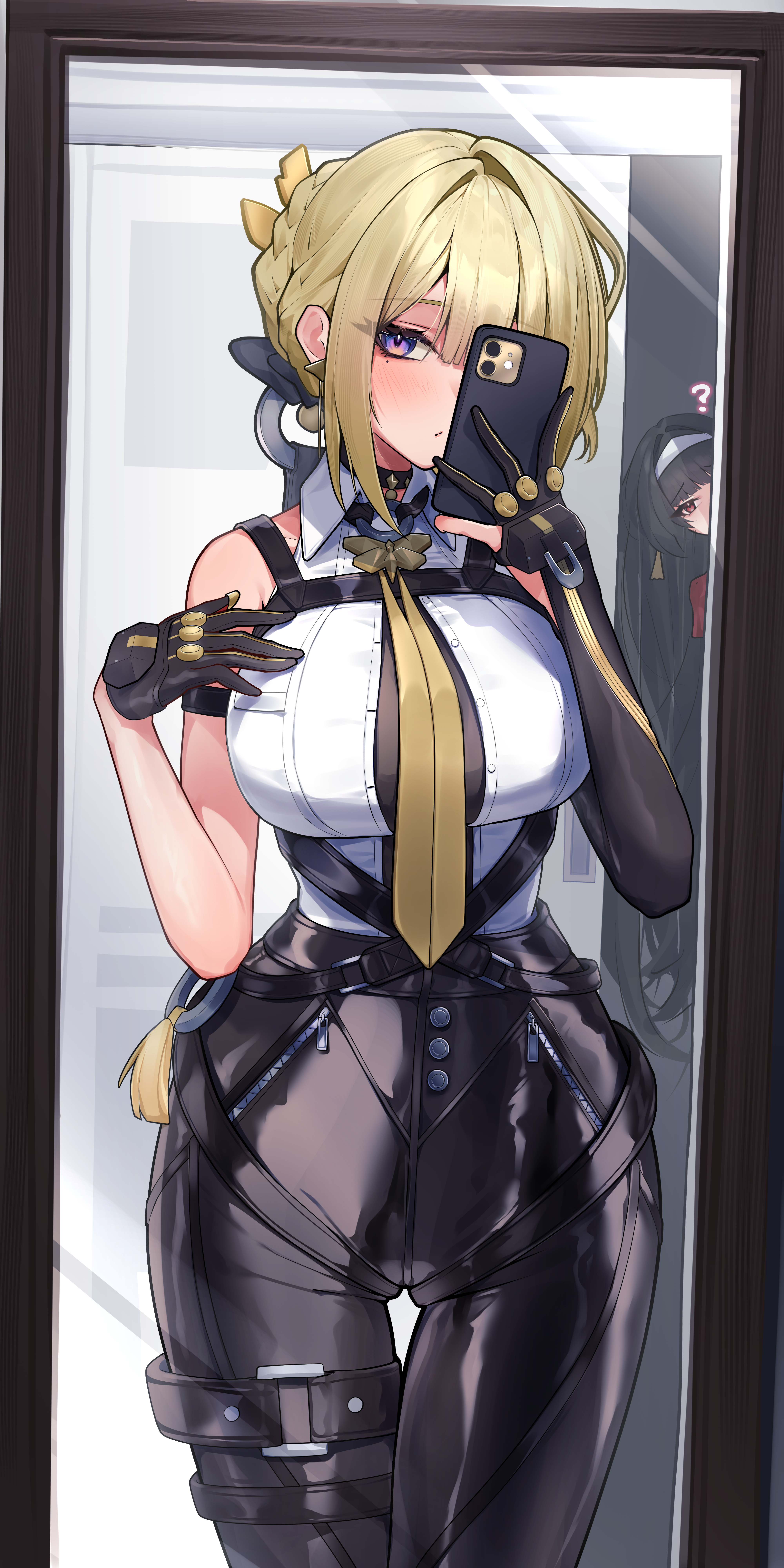 shumai il, astra yao, evelyn chevalier, zenless zone zero, absurdres, commentary request, highres, 2girls, ?, arm strap, bare shoulders, belt, black hair, black pants, blonde hair, blush, breasts, chest harness, closed mouth, collar, earrings, elbow gloves, gloves, half gloves, hand on own chest, harness, high-waist pants, holding, holding phone, jewelry, large breasts, latex pants, long hair, long ribbon, mirror, mirror selfie, multiple girls, necktie, pants, peeking, phone, purple eyes, red eyes, ring hair ornament, see-through clothes, selfie, shirt, single elbow glove, single half glove, solo focus, standing, taking picture, thigh belt, thigh strap, tight clothes, tight pants, uneven bangs, white shirt, yellow necktie