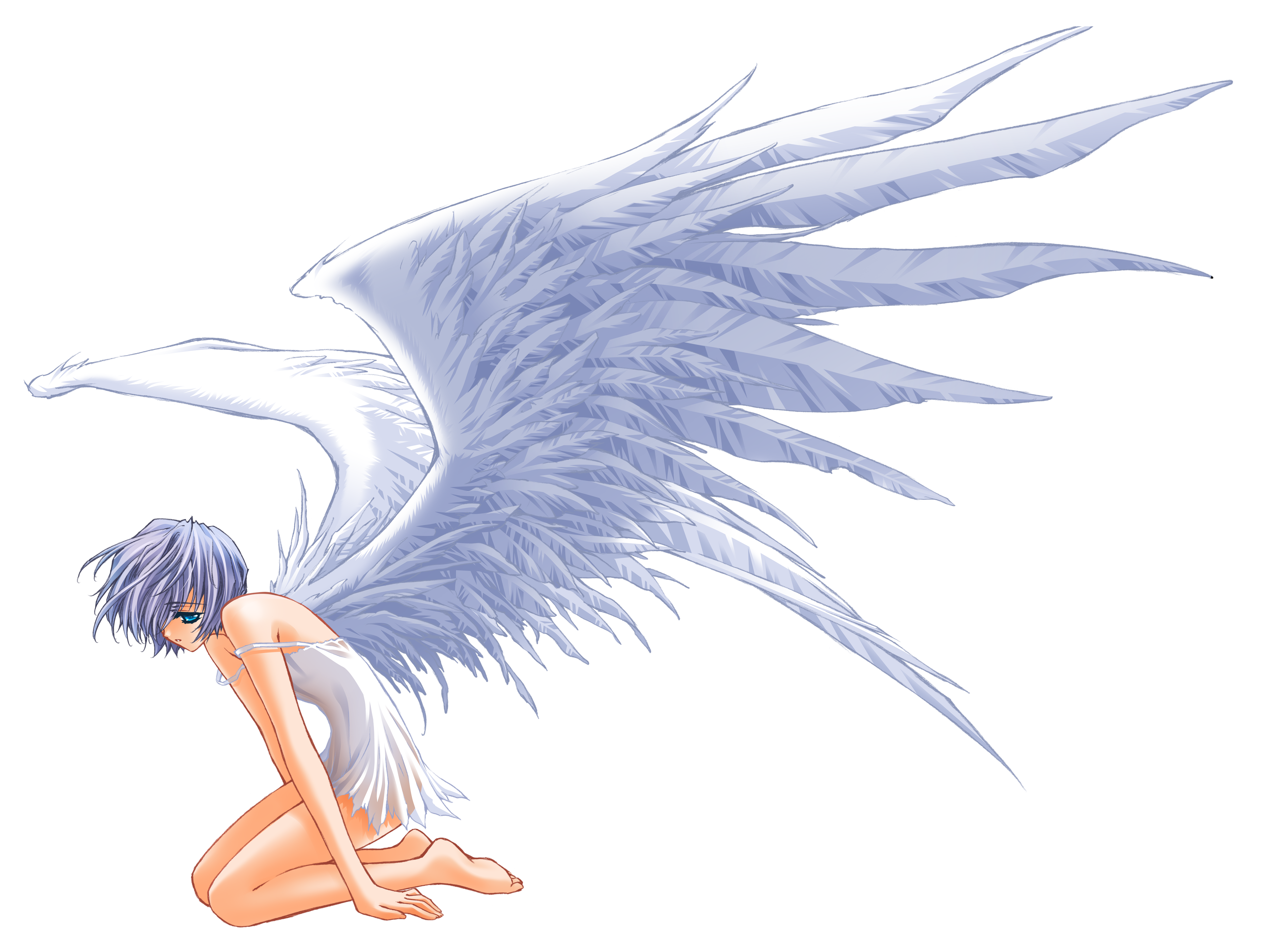 carnelian, original, silver hair, absurdres, highres, 1girl, angel, angel wings, bare shoulders, barefoot, blue eyes, blue hair, feet, female focus, full body, kneeling, lingerie, matching hair/eyes, nightgown, short hair, solo, toes, transparent background, underwear, wings