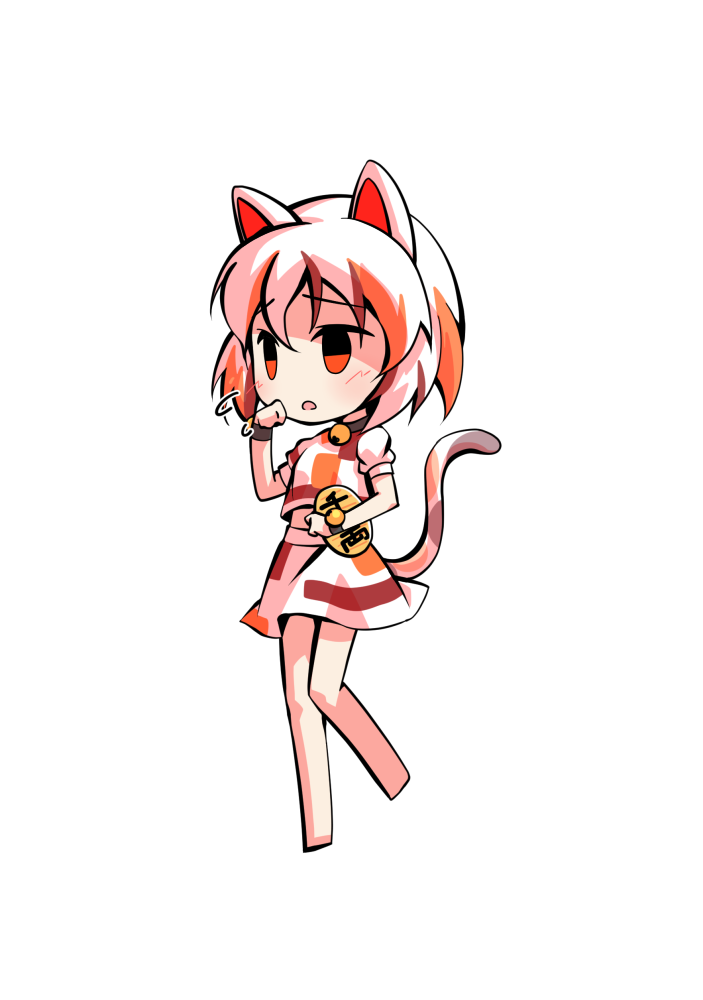 dairi, goutokuji mike, touhou, commentary request, large variant set, variant set, 1girl, animal ears, barefoot, bell, cat ears, cat girl, cat tail, chibi, chibi only, coin, full body, gold, jingle bell, koban (gold), multicolored hair, multicolored shirt, multicolored skirt, neck bell, shirt, short hair, short sleeves, skirt, skirt set, solo, standing, standing on one leg, streaked hair, tachi-e, tail, transparent background, white hair, white shirt