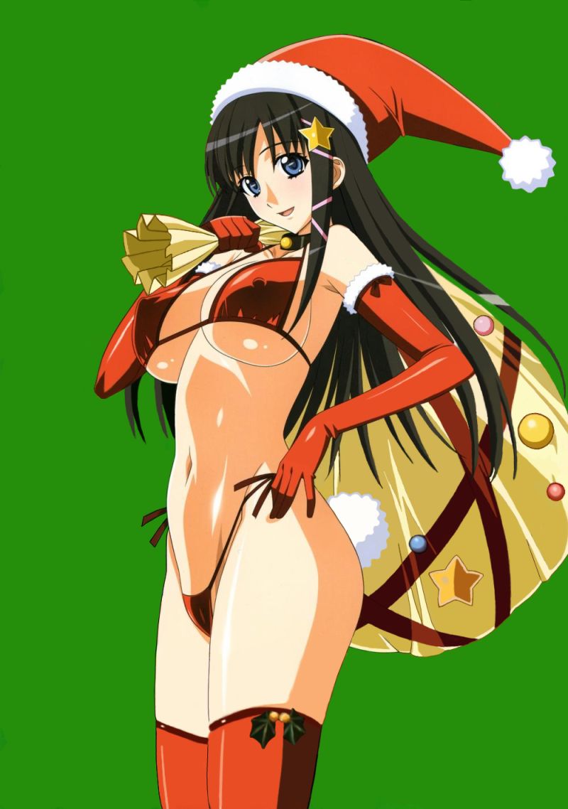 kuroda kazuya, yotsuya kotoko, 15 bishoujo hyouryuuki, original, jpeg artifacts, non-web source, scan, 1girl, :d, armpits, bikini, black hair, blue eyes, blush, breasts, choker, christmas, christmas ornaments, covered erect nipples, elbow gloves, female focus, fur (clothing), gloves, green background, hair ornament, hair ribbon, hat, highleg, highleg bikini, large breasts, long hair, micro bikini, navel, open mouth, rabbit tail, red gloves, red thighhighs, ribbon, sack, santa bikini, santa costume, santa hat, shiny clothes, side-tie bikini bottom, sideboob, simple background, smile, solo, standing, star (symbol), star hair ornament, swimsuit, tail, thighhighs, thong bikini, underboob
