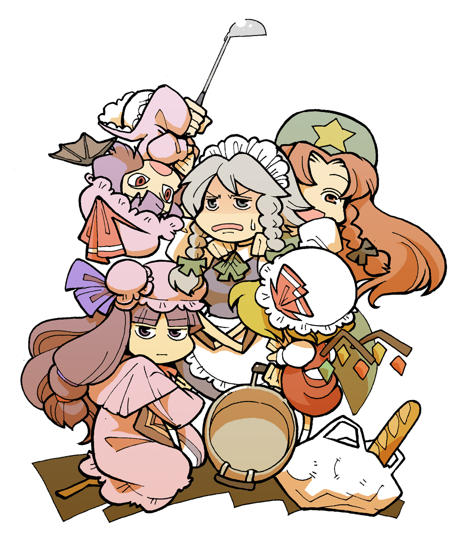 hounori, flandre scarlet, hong meiling, izayoi sakuya, patchouli knowledge, remilia scarlet, embodiment of scarlet devil, touhou, silver hair, 5girls, :d, beret, blonde hair, braid, chibi, crystal, female focus, frills, full body, hat, long hair, maid headdress, mob cap, multiple girls, open mouth, purple eyes, purple hair, red hair, simple background, smile, star (symbol), twin braids, very long hair, white background