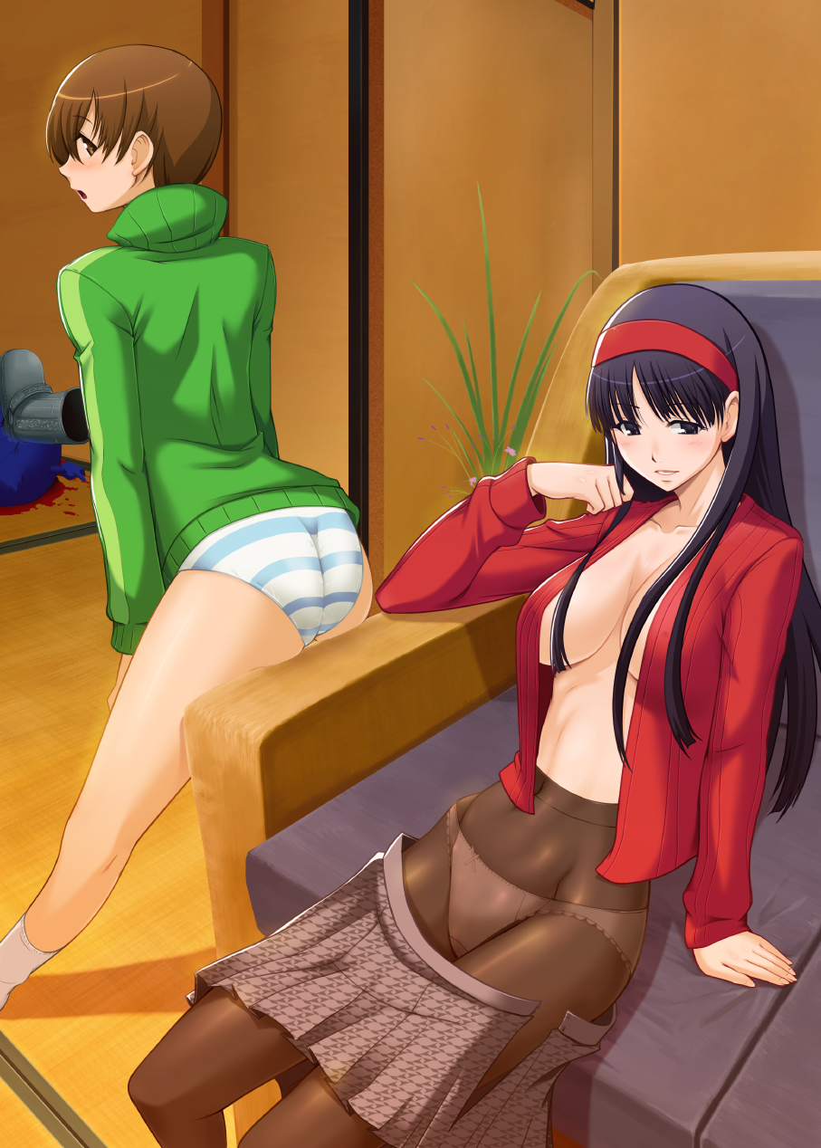 taru neko, amagi yukiko, kuma (persona 4), satonaka chie, atlus, persona, persona 4, hands on thighs, white legwear, highres, 2girls, arm support, ass, back, black hair, blood, blue panties, blush, bow, bow panties, breasts, brown hair, clothes pull, death, hairband, lace, lace-trimmed panties, lace trim, large breasts, leaning back, leaning forward, long hair, looking back, multiple girls, murder, no bra, no pants, open clothes, open shirt, open skirt, panties, panties under pantyhose, pantyhose, presenting, shirt, short hair, sitting, skirt, skirt pull, striped clothes, striped panties, underwear, unmoving pattern, white panties