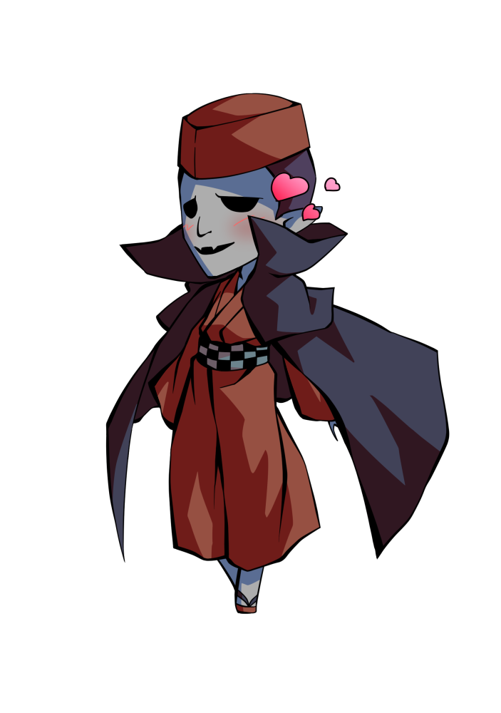 dairi, fortune teller (touhou), touhou, commentary request, large variant set, variant set, 1boy, brown kimono, brown sandals, cape, chibi, chibi only, collarbone, colored skin, full body, grey skin, hat, hollow eyes, japanese clothes, kimono, long sleeves, male focus, pointy ears, sandals, solo, tachi-e, transparent background