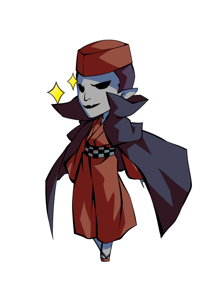 dairi, fortune teller (touhou), touhou, commentary request, large variant set, variant set, 1boy, brown kimono, brown sandals, cape, chibi, chibi only, collarbone, colored skin, full body, grey skin, hat, hollow eyes, japanese clothes, kimono, long sleeves, male focus, pointy ears, sandals, solo, tachi-e, transparent background