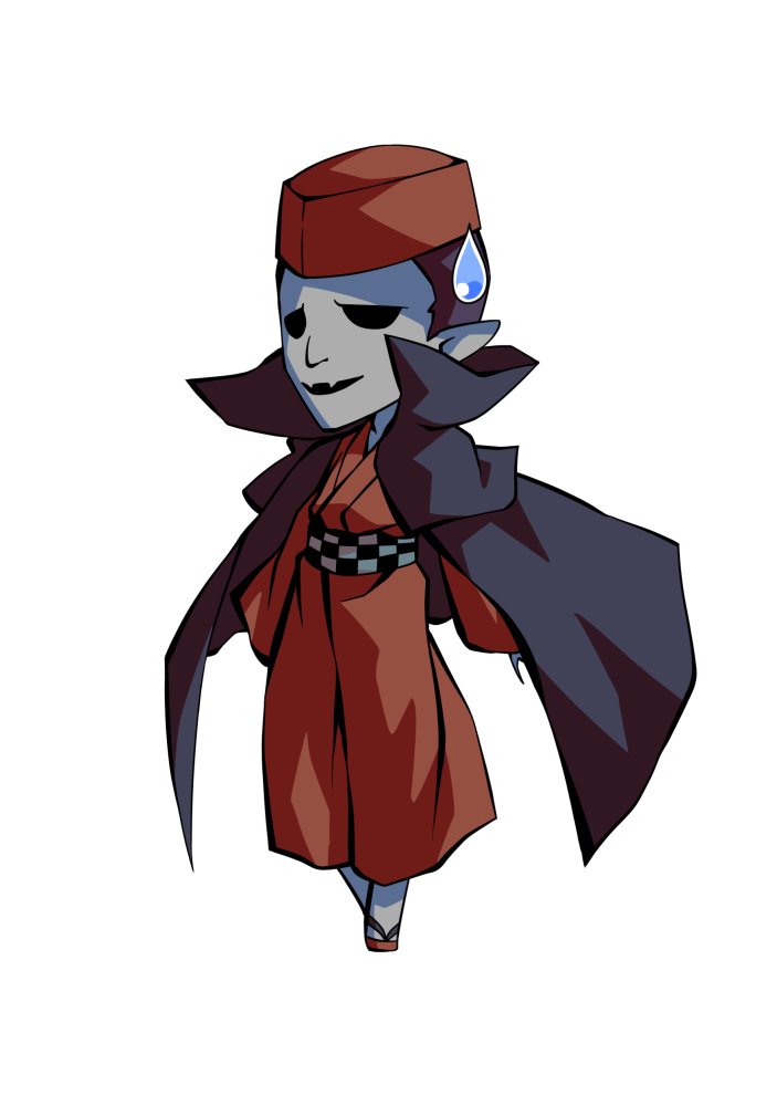 dairi, fortune teller (touhou), touhou, commentary request, large variant set, variant set, 1boy, brown kimono, brown sandals, cape, chibi, chibi only, collarbone, colored skin, full body, grey skin, hat, hollow eyes, japanese clothes, kimono, long sleeves, male focus, pointy ears, sandals, solo, tachi-e, transparent background