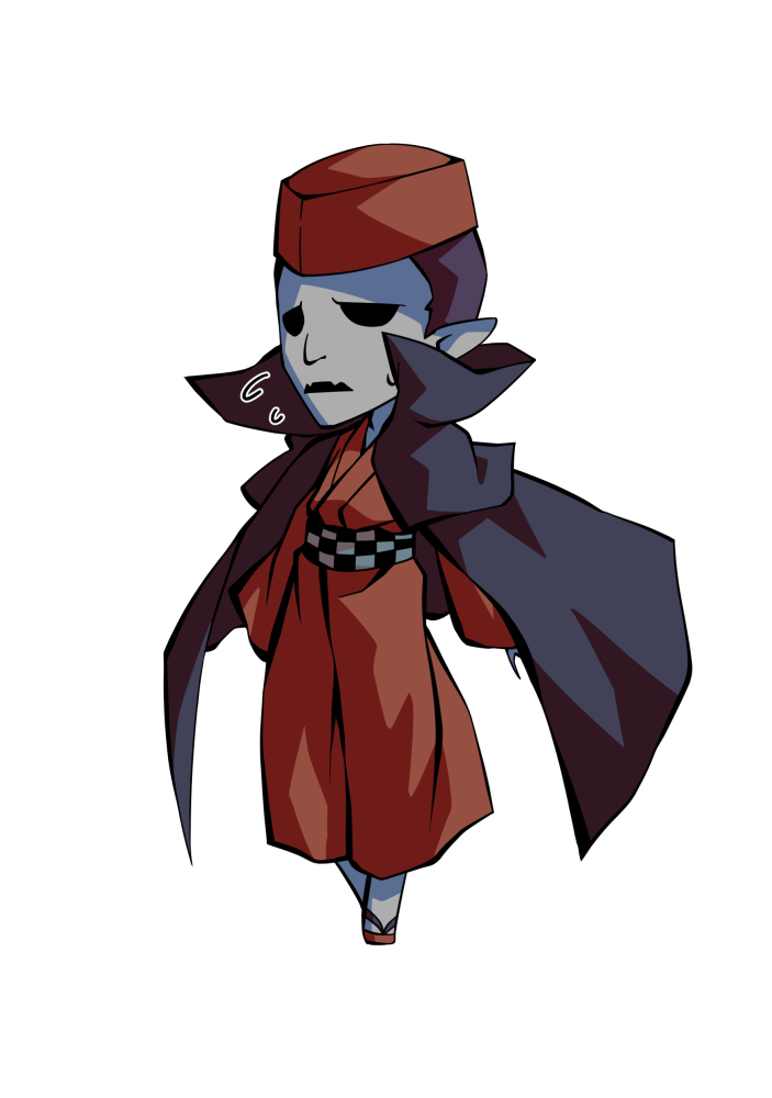 dairi, fortune teller (touhou), touhou, commentary request, large variant set, variant set, 1boy, brown kimono, brown sandals, cape, chibi, chibi only, collarbone, colored skin, full body, grey skin, hat, hollow eyes, japanese clothes, kimono, long sleeves, male focus, pointy ears, sandals, solo, tachi-e, transparent background
