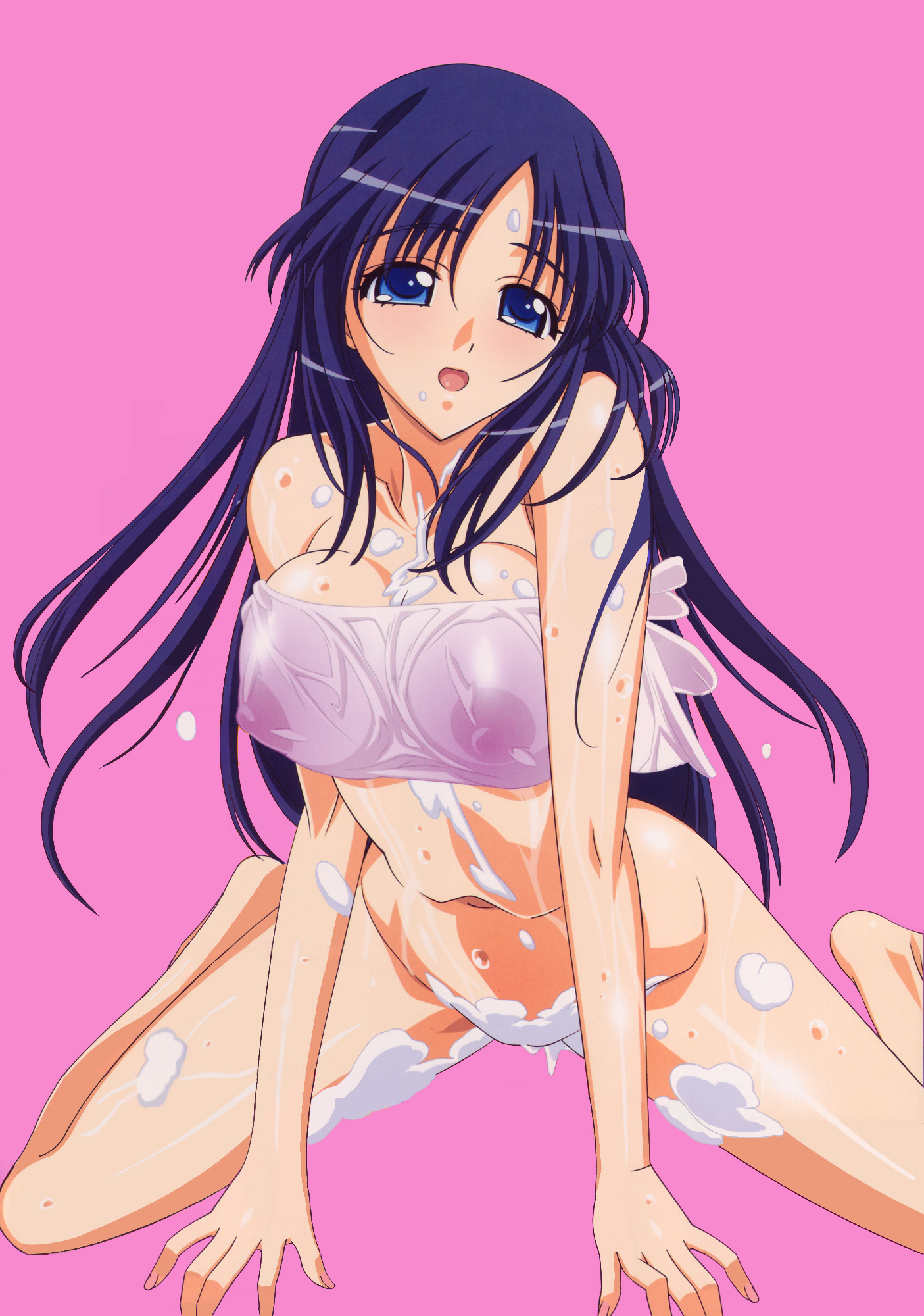 kuroda kazuya, highres, 1girl, barefoot, black hair, blue eyes, breasts, female focus, large breasts, long hair, navel, nipples, pink background, see-through clothes, simple background, soap, solo, wet