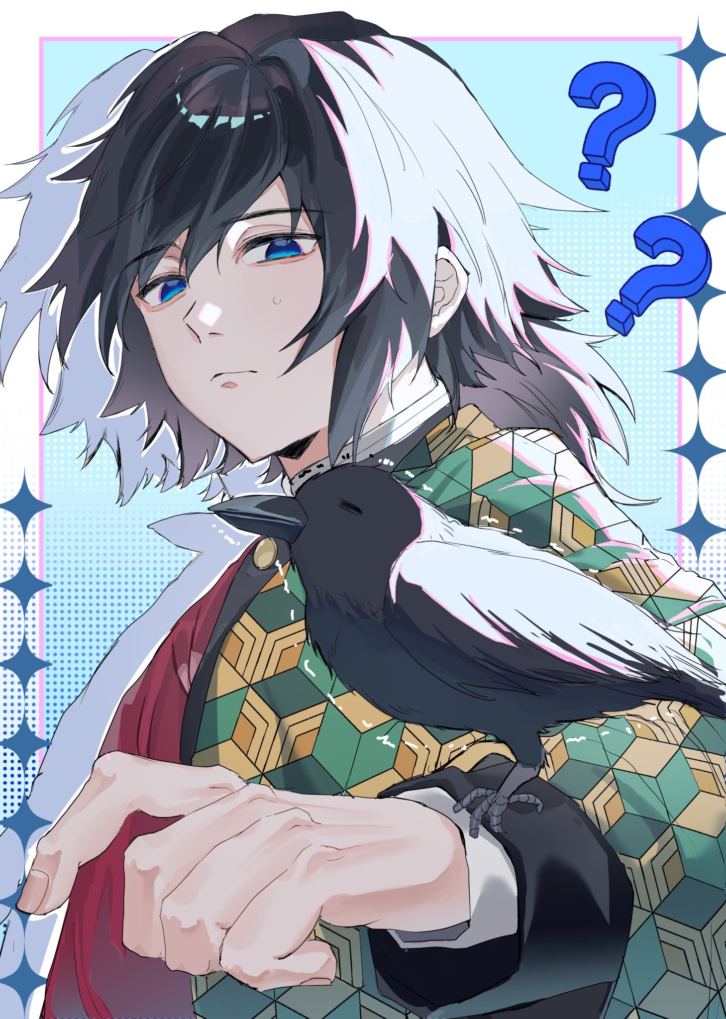 kanzaburou (kimetsu no yaiba), tomioka giyuu, kimetsu no yaiba, highres, 1boy, ?, animal on arm, bird, bird on arm, black hair, black jacket, blue eyes, buttons, closed mouth, crow, demon slayer uniform, gold buttons, hand up, haori, jacket, japanese clothes, kikkoumon, looking at animal, low ponytail, male focus, momogrey26, ponytail, print haori, red haori, solo, spiked hair, upper body