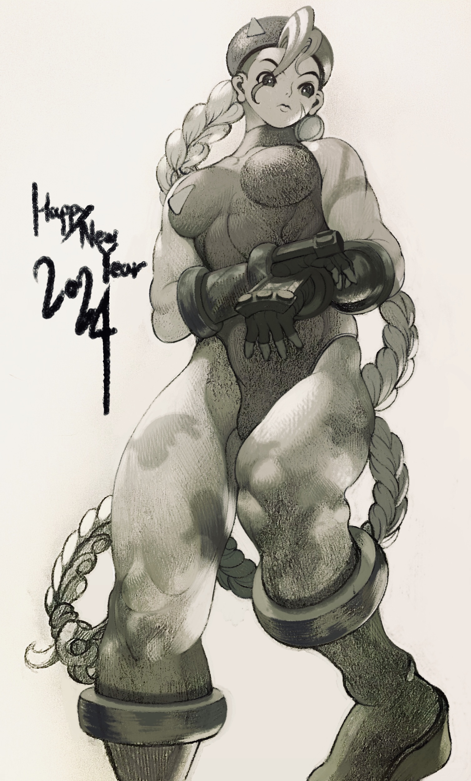 zinguuzisaburou, cammy white, street fighter, absurdres, highres, 1girl, 2024, adjusting clothes, adjusting gloves, bare shoulders, beret, boots, braid, breasts, camouflage, facial scar, fingerless gloves, foot out of frame, gloves, greyscale, happy new year, hat, heattech leotard, leotard, long hair, medium breasts, military hat, monochrome, muscular, muscular female, new year, scar, scar on cheek, scar on face, solo, thighs, turtleneck, twin braids, very long hair