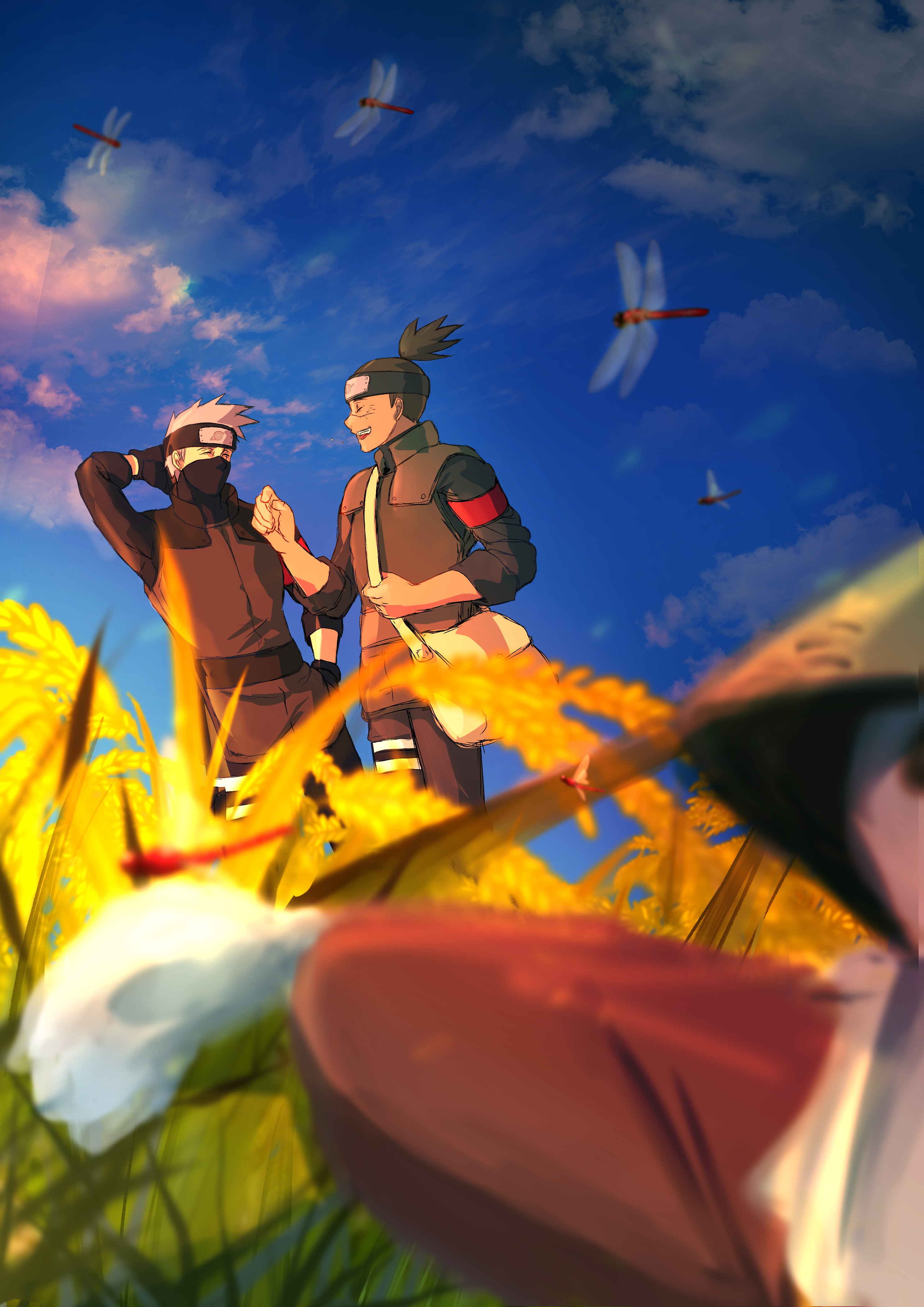 hatake kakashi, umino iruka, naruto (series), absurdres, highres, 2boys, arm behind head, bag, black gloves, black hair, black mask, black shirt, blurry, blurry foreground, bug, closed eyes, cloud, cloudy sky, dragonfly, gloves, grass, green vest, grey hair, hand on own hip, headband, insect, male focus, mask, mouth mask, multiple boys, open mouth, outdoors, ponytail, scar, scar on face, scar on nose, scarecrow, shirt, shoulder bag, sky, sleeves rolled up, smile, t04 skyhigh, upper body, vest, wheat