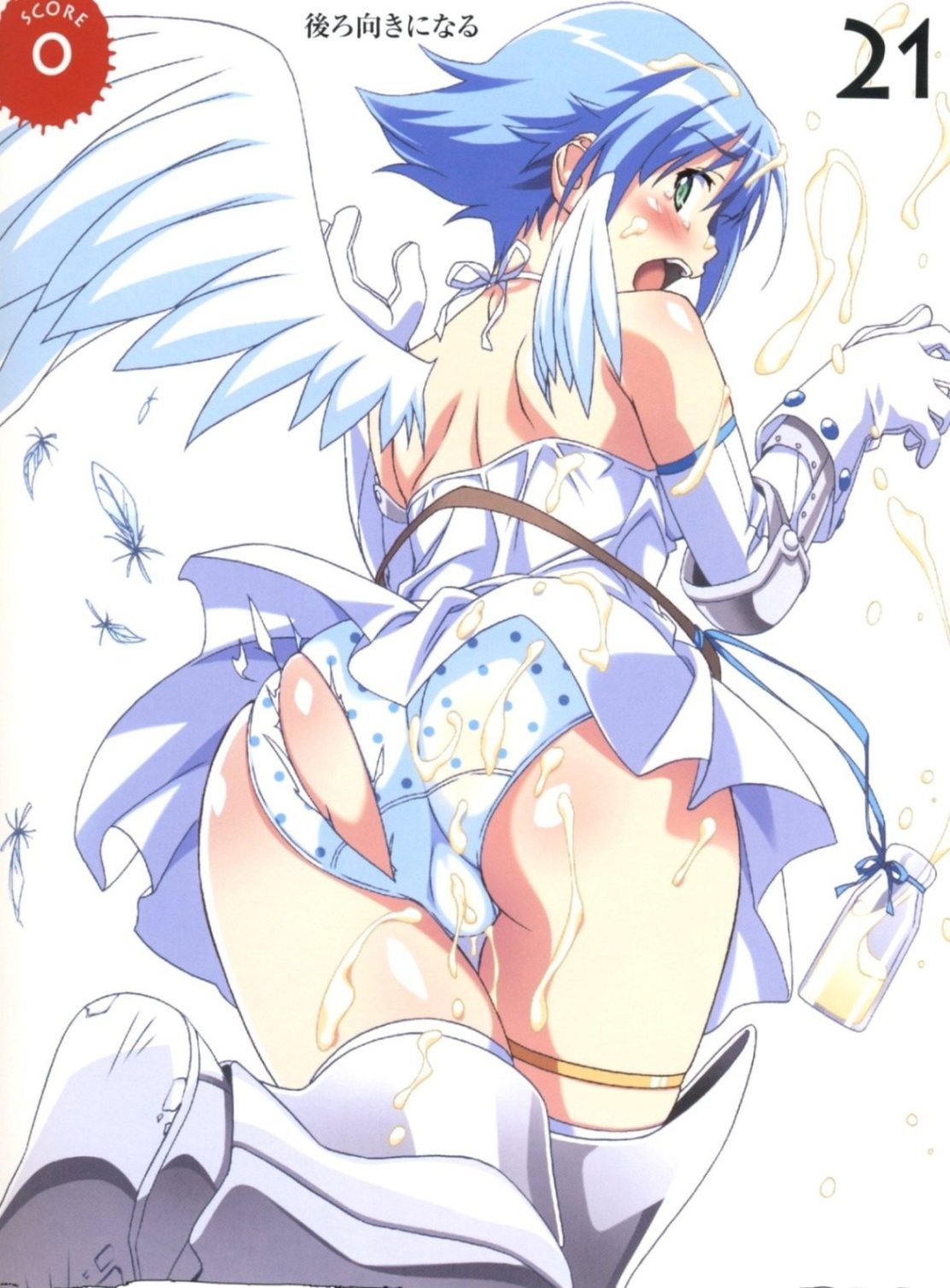kuuchuu yousai, angel of light nanael, nanael (queen's blade), queen's blade, artbook, highres, official art, scan, 00s, 1girl, angel, angel wings, armored boots, ass, asymmetrical wings, bare shoulders, blue hair, blush, boots, dress, elbow gloves, feathered wings, feathers, female focus, from behind, gloves, green eyes, looking at viewer, looking back, milk, open mouth, panties, pantyshot, polka dot, polka dot panties, profile, short dress, short hair, shoulder blades, skindentation, sleeveless, sleeveless dress, solo, tears, thigh boots, thighhighs, torn clothes, trefoil, underwear, upskirt, white dress, white gloves, white wings, wings