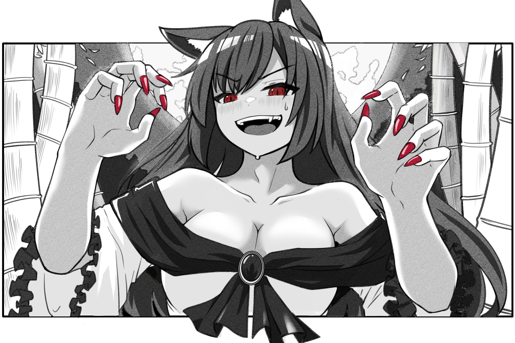 suirium0723, imaizumi kagerou, touhou, commentary, highres, 1girl, :d, animal ears, bamboo, bamboo forest, bare shoulders, breasts, cleavage, collarbone, fang, fingernails, forest, full moon, large breasts, long fingernails, long hair, long sleeves, moon, nature, off shoulder, open mouth, outdoors, partially colored, red eyes, red nails, smile, solo, teeth, upper body, upper teeth only, v-shaped eyebrows, wide sleeves, wolf ears, wolf girl