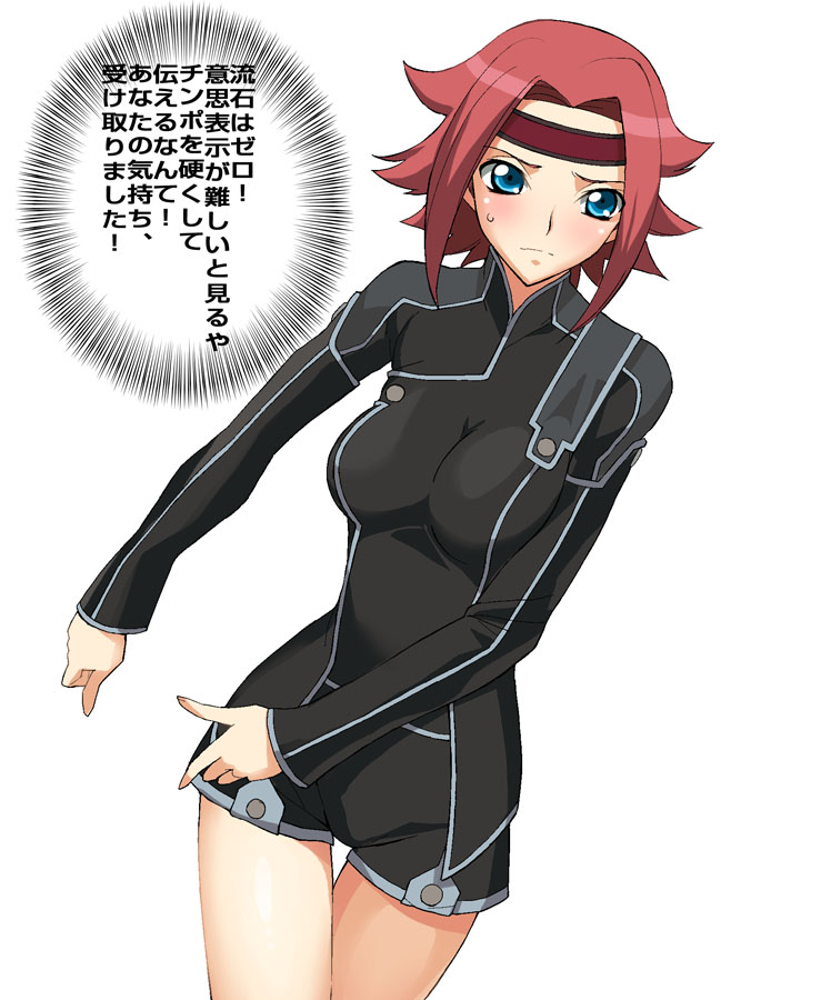 a1 (initial-g), kouzuki kallen, code geass, translated, 00s, blue eyes, blush, headband, order of the black knights uniform, red hair, short hair, solo