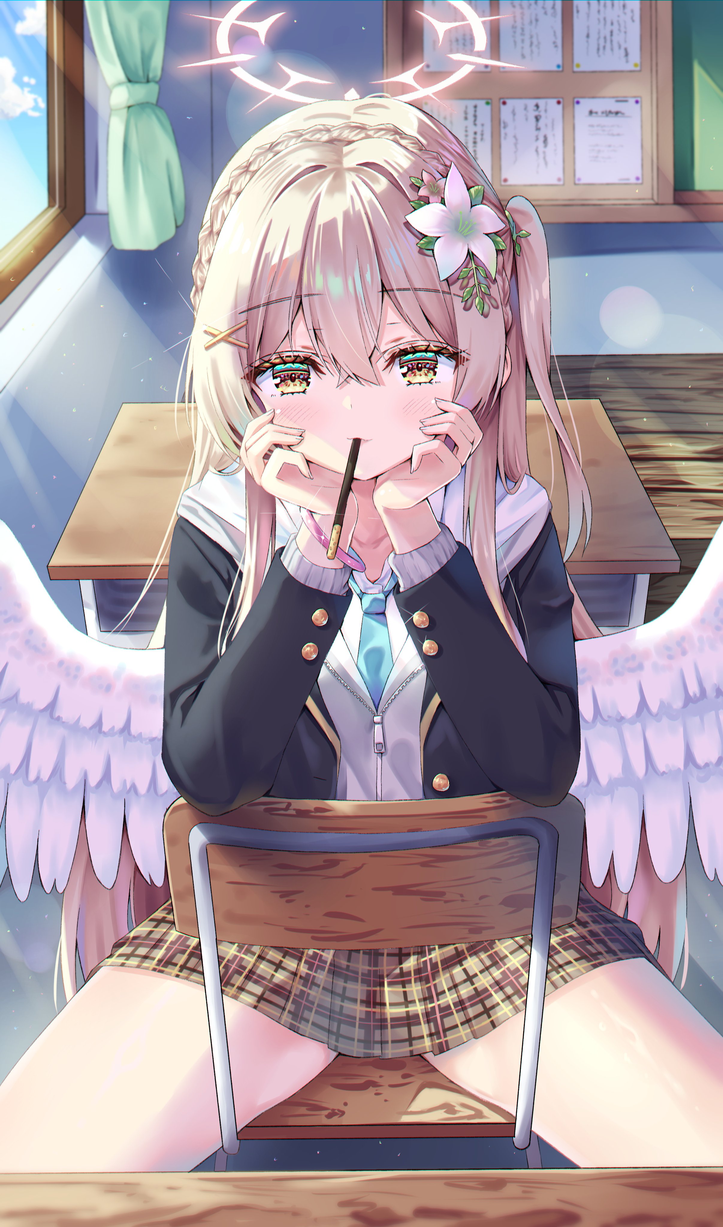 natie, nagisa (blue archive), blue archive, absurdres, hashtag-only commentary, highres, 1girl, blue necktie, blush, chair, classroom, desk, flower, food, food in mouth, hair between eyes, hair flower, hair ornament, hood, indoors, jacket, long hair, long sleeves, looking at viewer, mouth hold, necktie, on chair, plaid clothes, plaid skirt, pocky, pocky in mouth, school chair, school desk, school uniform, shirt, sitting, skirt, solo, white shirt, wings, x hair ornament