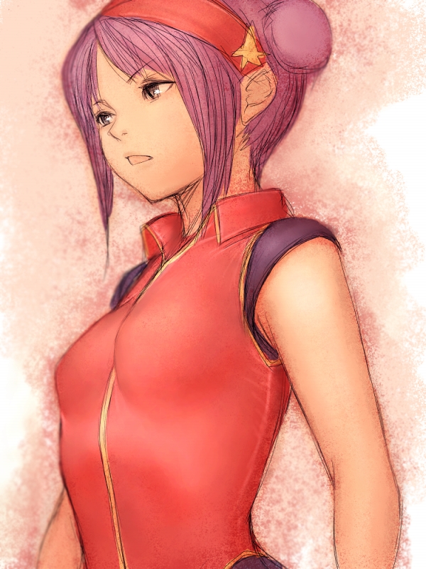 fumio (rsqkr), asamiya athena, snk, the king of fighters, the king of fighters 2000, 1girl, breasts, double bun, female focus, flat chest, hair bun, hair ornament, hairband, pink hair, purple hair, red hairband, short hair, sleeveless, solo, star (symbol), star hair ornament