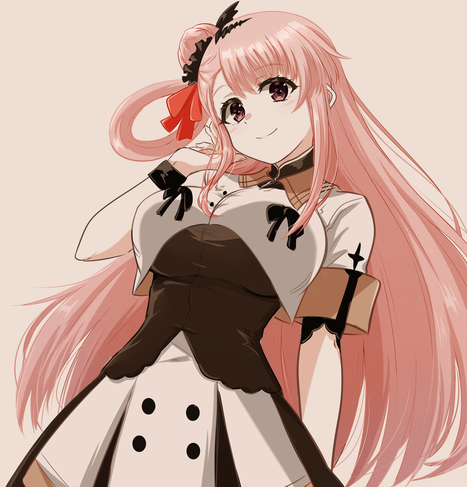 aramine ishu, nue no onmyouji, 1girl, breasts, large breasts, long hair, looking at viewer, pink hair, smile, solo