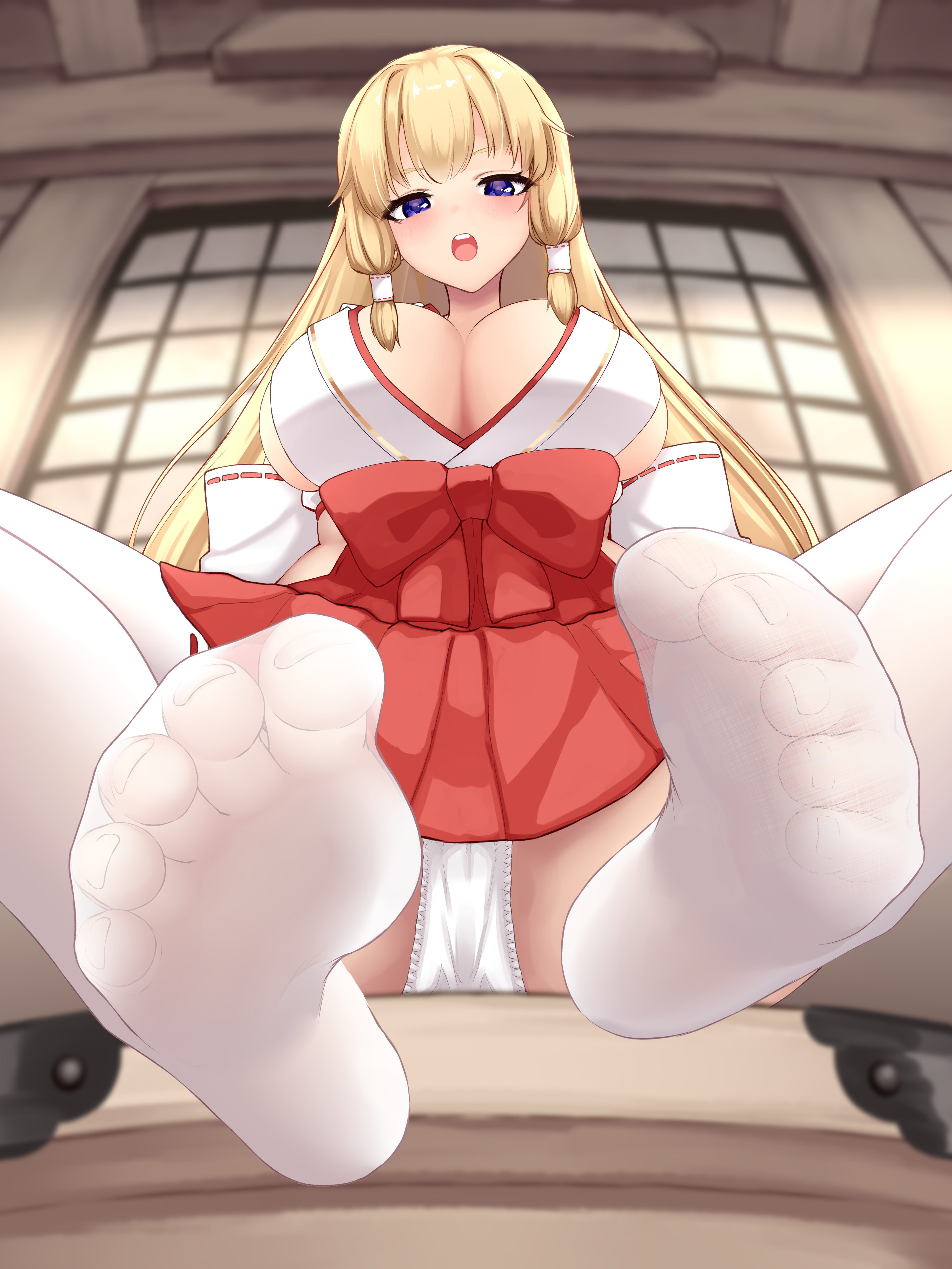 tanisi0445, absurdres, highres, 1girl, blonde hair, blue eyes, blush, breasts, feet, japanese clothes, large breasts, long hair, looking at viewer, miko, open mouth, panties, pantyshot, see-through clothes, see-through legwear, soles, thighhighs, toes, underwear, white panties, white thighhighs