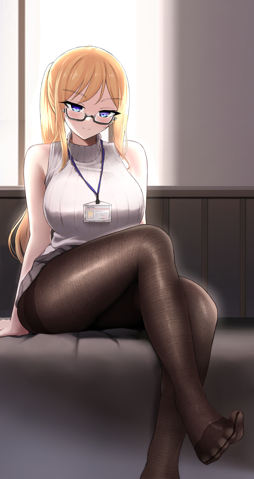 tanisi0445, highres, 1girl, blonde hair, blue eyes, blush, crossed legs, feet, glasses, lanyard, long hair, looking at viewer, pantyhose, ponytail, sleeveless, sleeveless turtleneck, smile, toes, turtleneck