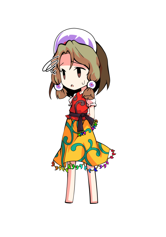 dairi, tamatsukuri misumaru, touhou, commentary request, large variant set, variant set, 1girl, arms behind back, barefoot, blonde hair, chibi, chibi only, full body, hat, parody, purple hat, red shirt, shirt, short hair, short sleeves, skirt, solo, standing, style parody, tachi-e, transparent background, white sleeves, yellow skirt