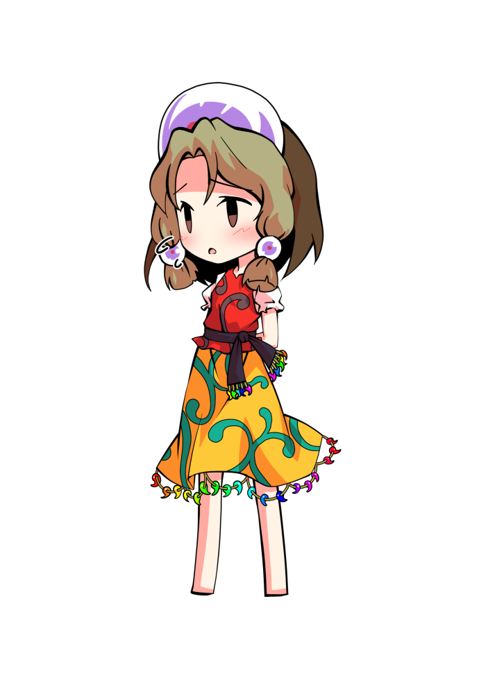 dairi, tamatsukuri misumaru, touhou, commentary request, large variant set, variant set, 1girl, arms behind back, barefoot, blonde hair, chibi, chibi only, full body, hat, parody, purple hat, red shirt, shirt, short hair, short sleeves, skirt, solo, standing, style parody, tachi-e, transparent background, white sleeves, yellow skirt