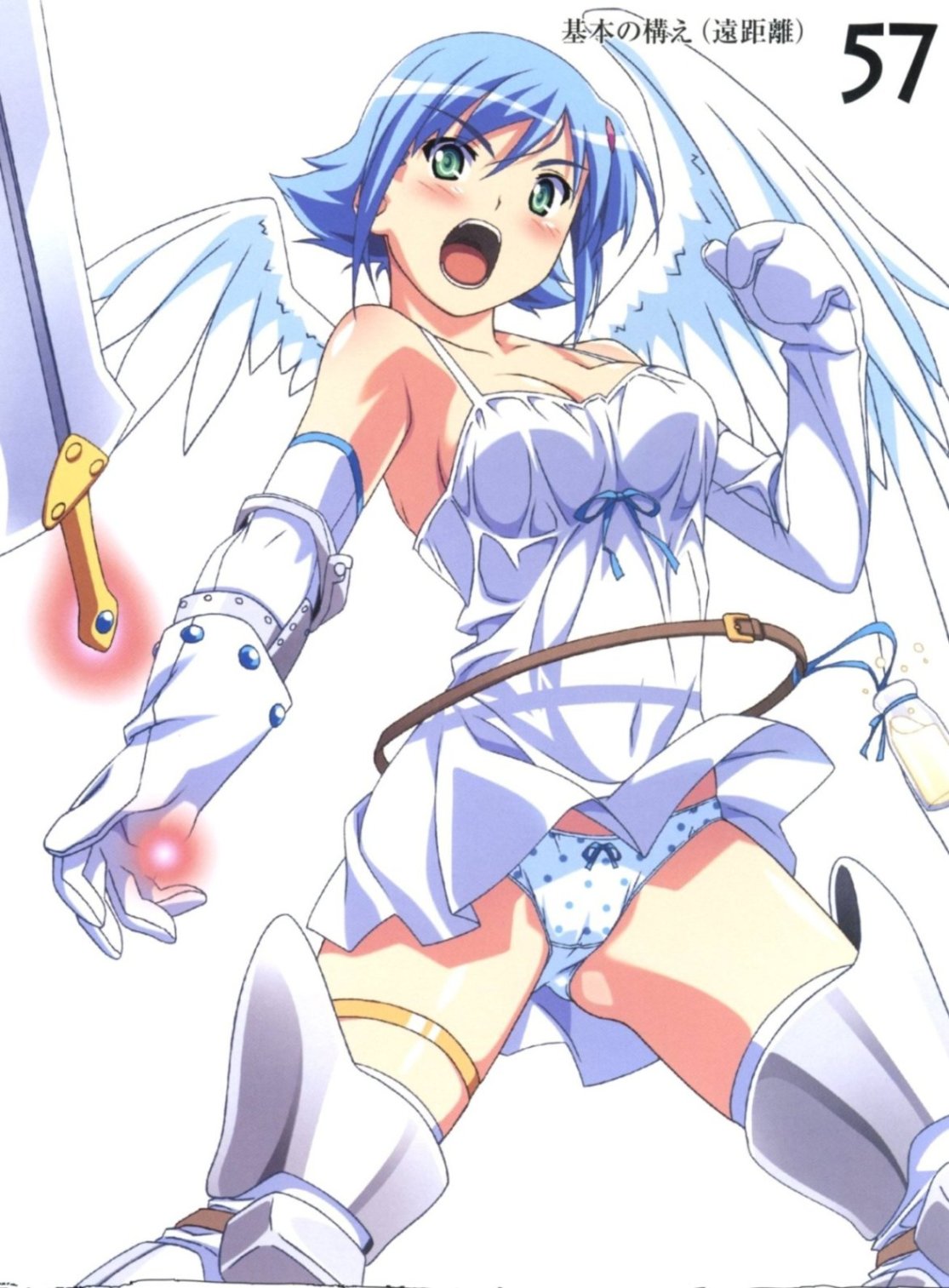 kuuchuu yousai, angel of light nanael, nanael (queen's blade), queen's blade, artbook, highres, scan, 00s, angel, angel wings, asymmetrical wings, bare shoulders, blue hair, blush, boots, elbow gloves, gloves, green eyes, miniskirt, panties, polka dot, polka dot panties, short hair, skirt, solo, sword, thighhighs, underwear, weapon, wind, wind lift, wings