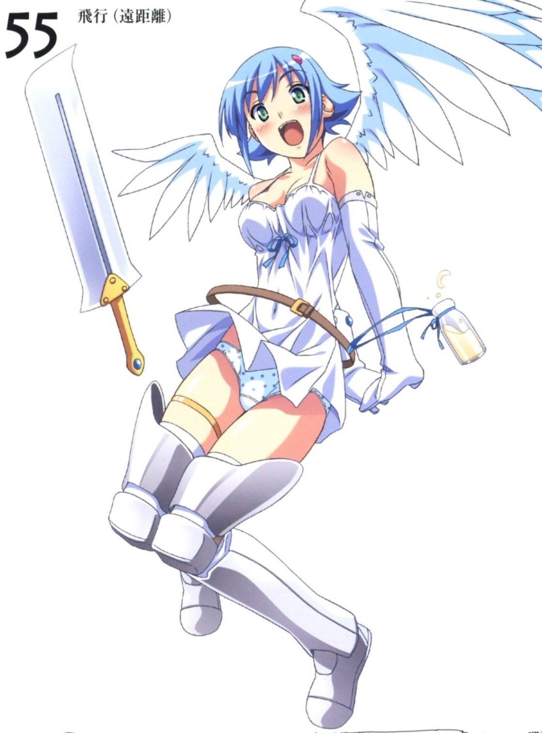 kuuchuu yousai, angel of light nanael, nanael (queen's blade), queen's blade, artbook, highres, scan, 00s, angel, angel wings, asymmetrical wings, bare shoulders, blue hair, blush, boots, elbow gloves, gloves, green eyes, miniskirt, panties, polka dot, polka dot panties, short hair, skirt, solo, sword, thighhighs, underwear, weapon, wind, wind lift, wings