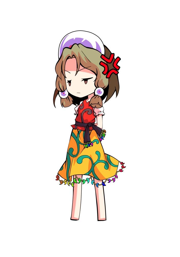 dairi, tamatsukuri misumaru, touhou, commentary request, large variant set, variant set, 1girl, arms behind back, barefoot, blonde hair, chibi, chibi only, full body, hat, parody, purple hat, red shirt, shirt, short hair, short sleeves, skirt, solo, standing, style parody, tachi-e, transparent background, white sleeves, yellow skirt