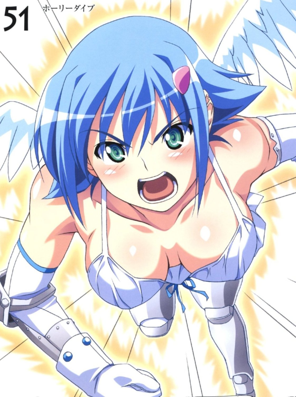 kuuchuu yousai, angel of light nanael, nanael (queen's blade), queen's blade, artbook, highres, scan, 00s, 1girl, angel, angel wings, angry, bare shoulders, blue hair, blush, boots, breasts, cleavage, elbow gloves, female focus, gloves, green eyes, large breasts, open mouth, short hair, solo, wings