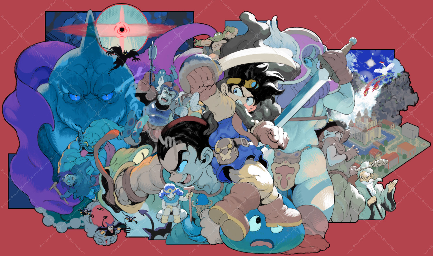 zinguuzisaburou, baramos, hero (dq3), mage (dq3), man o' war (dragon quest), sage (dq3), slime (dragon quest), warrior (dq3), dragon quest, dragon quest iii, 3girls, 6+boys, aqua cloak, armor, ass, battle, beard, bikini armor, black hair, blue eyes, blue gemstone, blue tunic, boots, breasts, brown boots, brown gloves, brown hair, castle, clenched teeth, cloak, dress, facial hair, forehead protector, furrowed brow, gem, gloves, green hood, hat, holding, holding staff, holding sword, holding weapon, hood, hood up, large breasts, long hair, monster girl, multiple boys, multiple girls, mustache, pants, pink hair, red background, shirt, short hair, sideboob, slit pupils, staff, sword, teeth, thighs, tongue, tongue out, tunic, watermark, weapon, white dress, white hair, white pants, white shirt, wide sleeves, witch hat, yellow boots