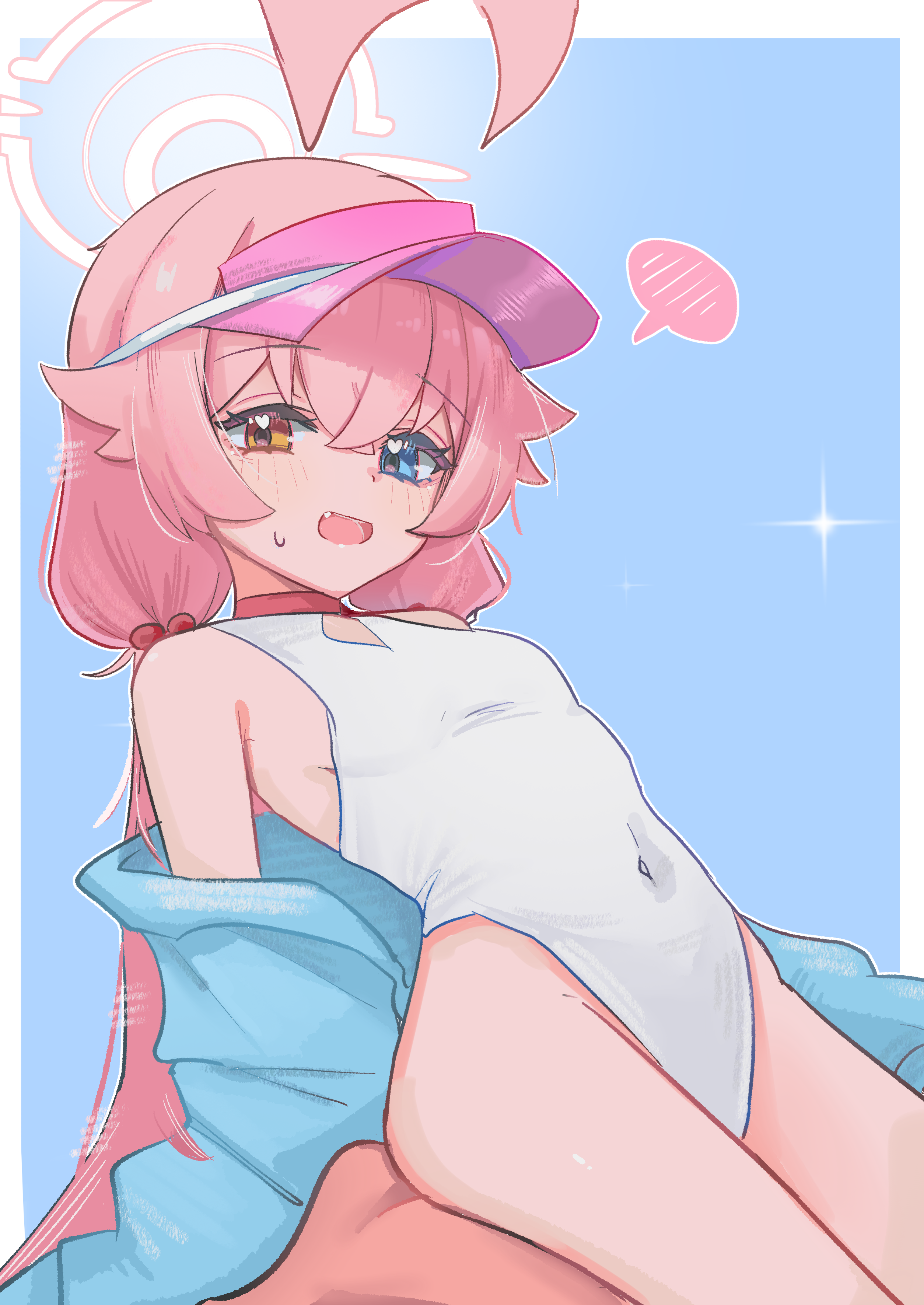 high (hgih), hoshino (blue archive), hoshino (swimsuit) (blue archive), blue archive, absurdres, commentary, highres, 1girl, ahoge, blue eyes, fang, halo, heterochromia, jacket, long hair, looking at viewer, low twintails, official alternate costume, one-piece swimsuit, pink hair, solo, swimsuit, twintails, visor cap